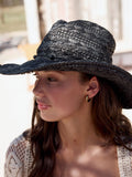 Black western straw-look hat with beaded trim and wide brim - British product