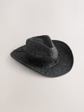Black western straw-look hat with beaded trim and wide brim - British product