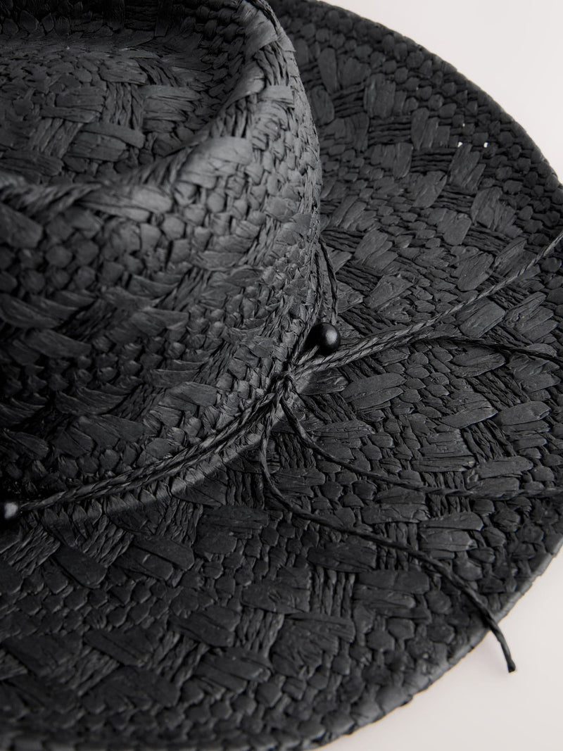 Black western straw-look hat with beaded trim and wide brim - British product