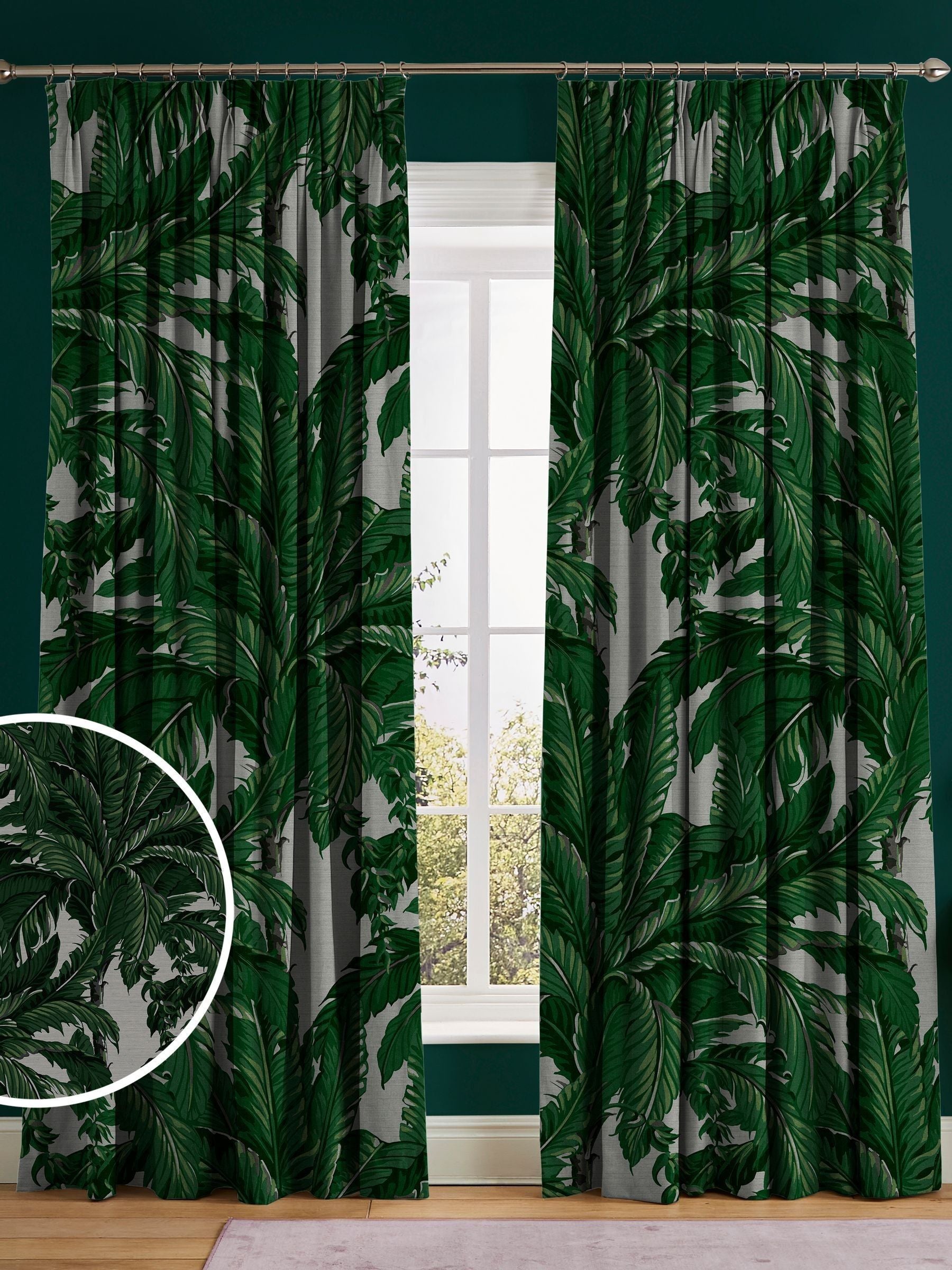 Graham & Brown Daintree Palm curtains pearl white, imported from the UK