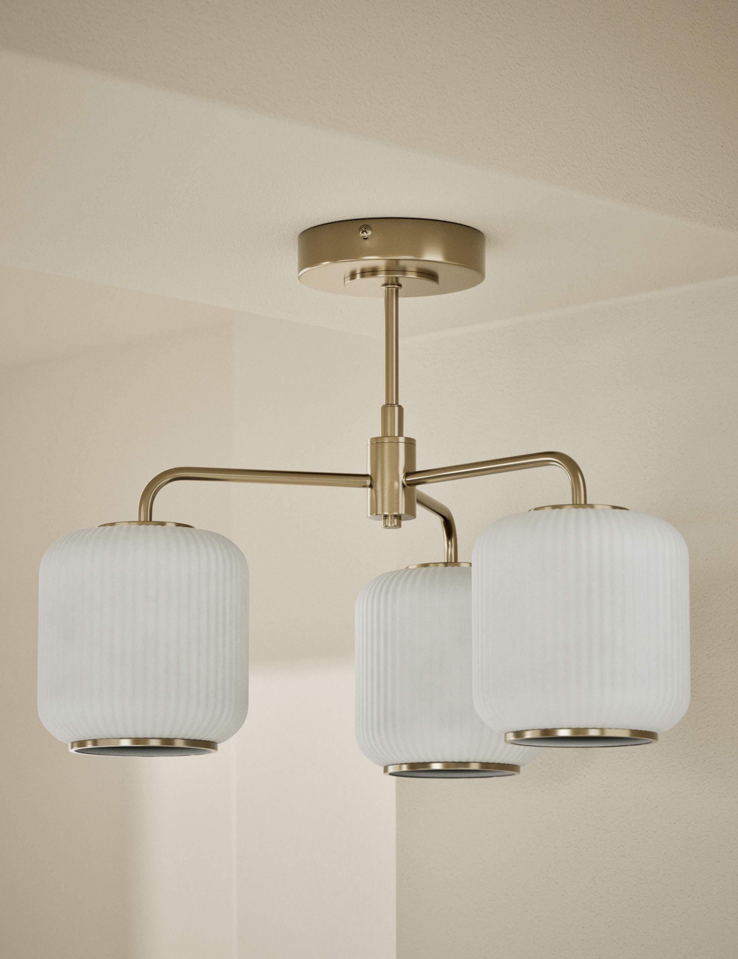 Amelia flush ceiling light ribbed glass shades, imported from the UK