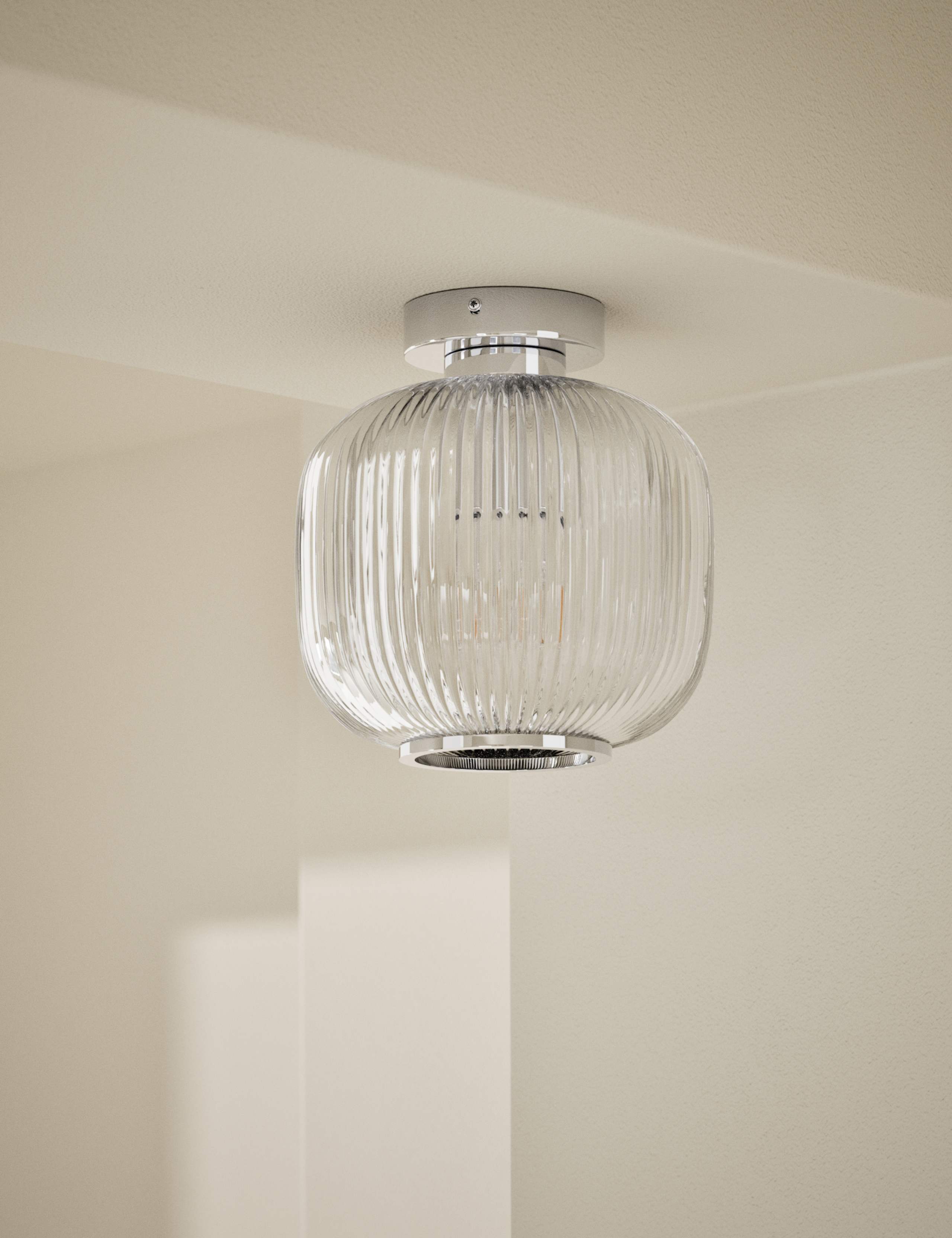 Amelia flush ceiling light with ribbed glass shade, imported from the UK
