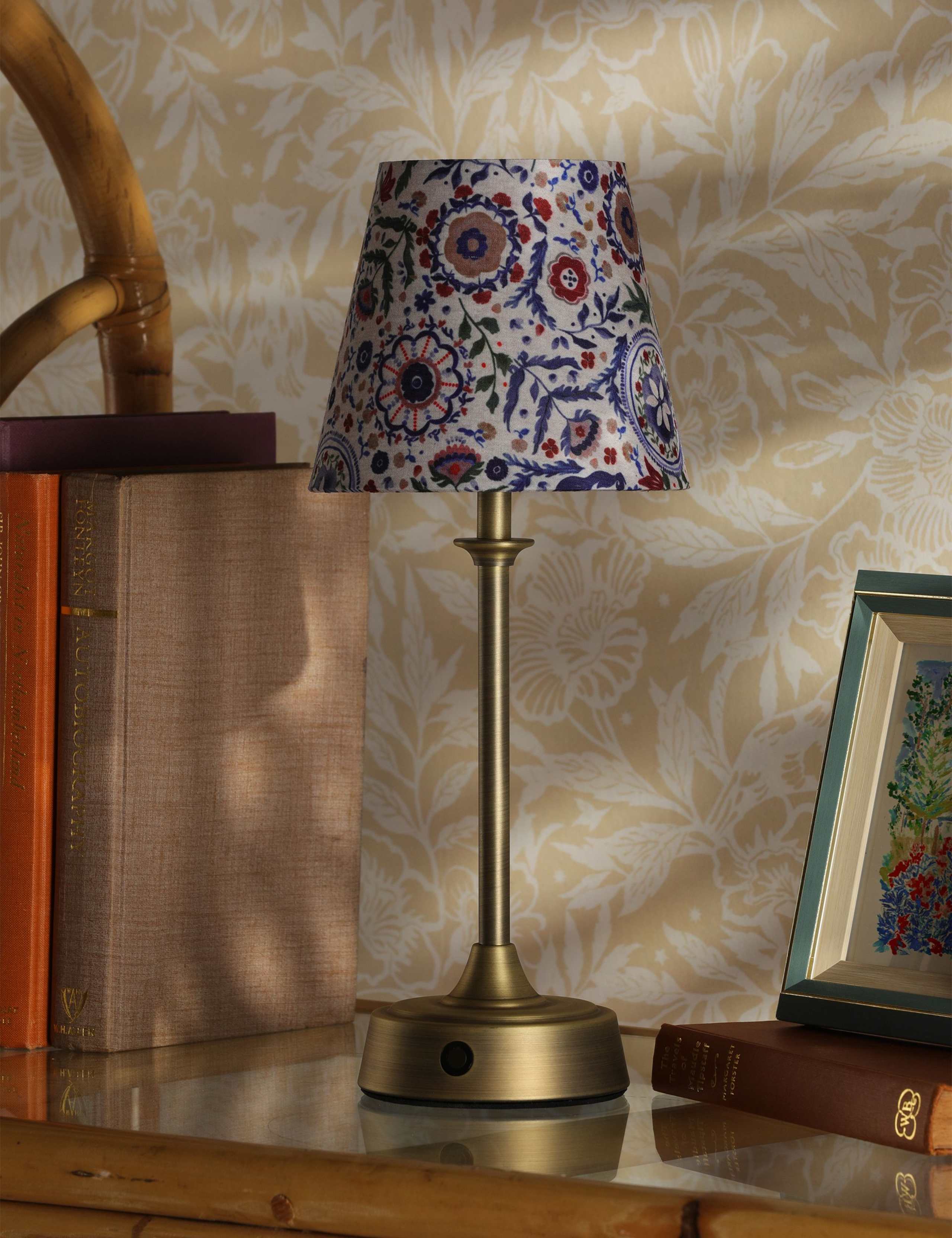 Joules rechargeable table lamp with hand-drawn floral shade, imported from the UK