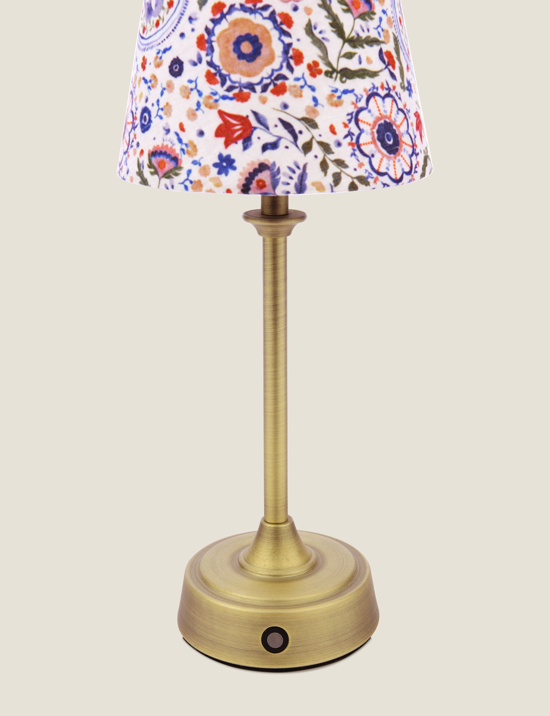 Joules rechargeable table lamp with hand-drawn floral shade, imported from the UK