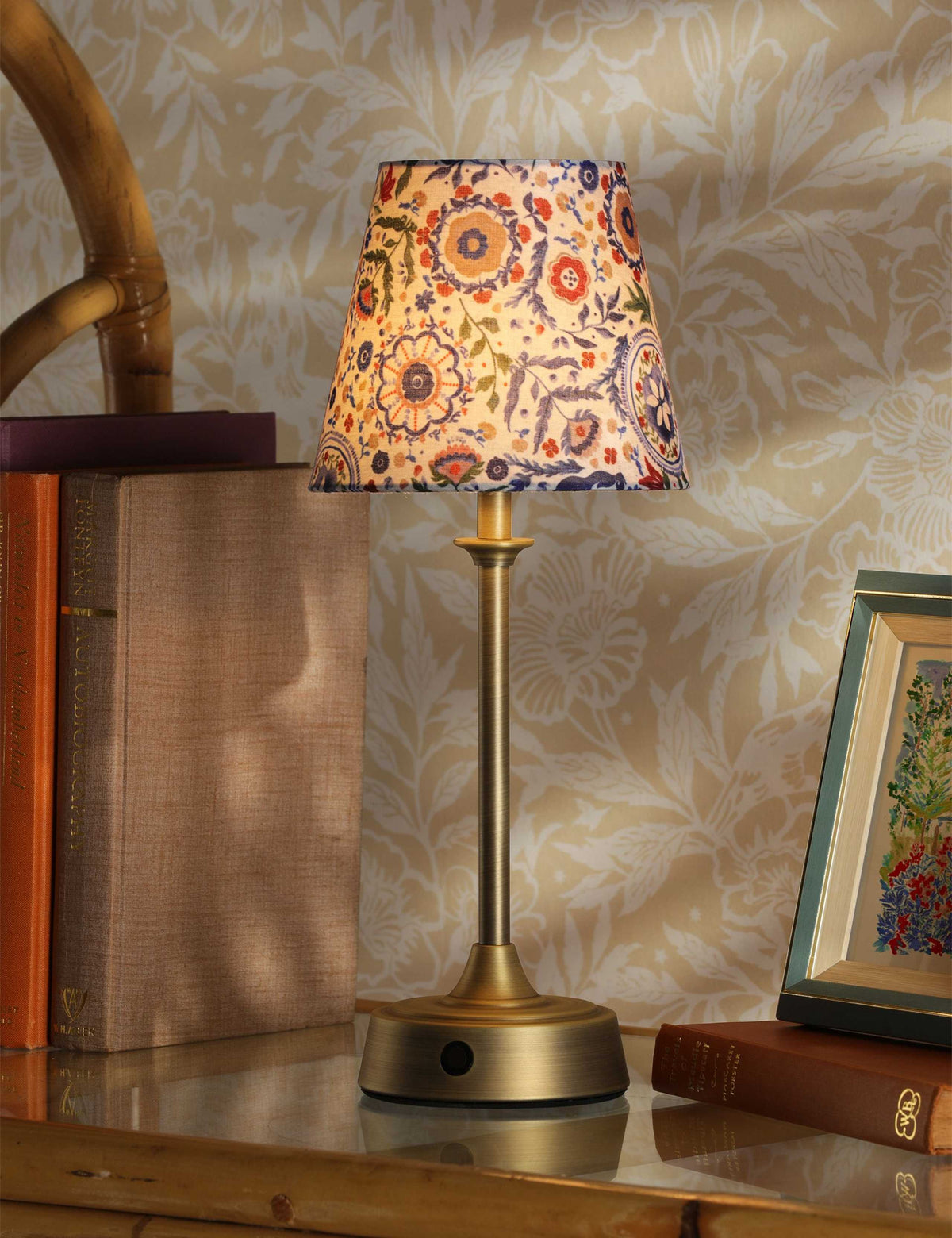 Joules rechargeable table lamp with hand-drawn floral shade, imported from the UK
