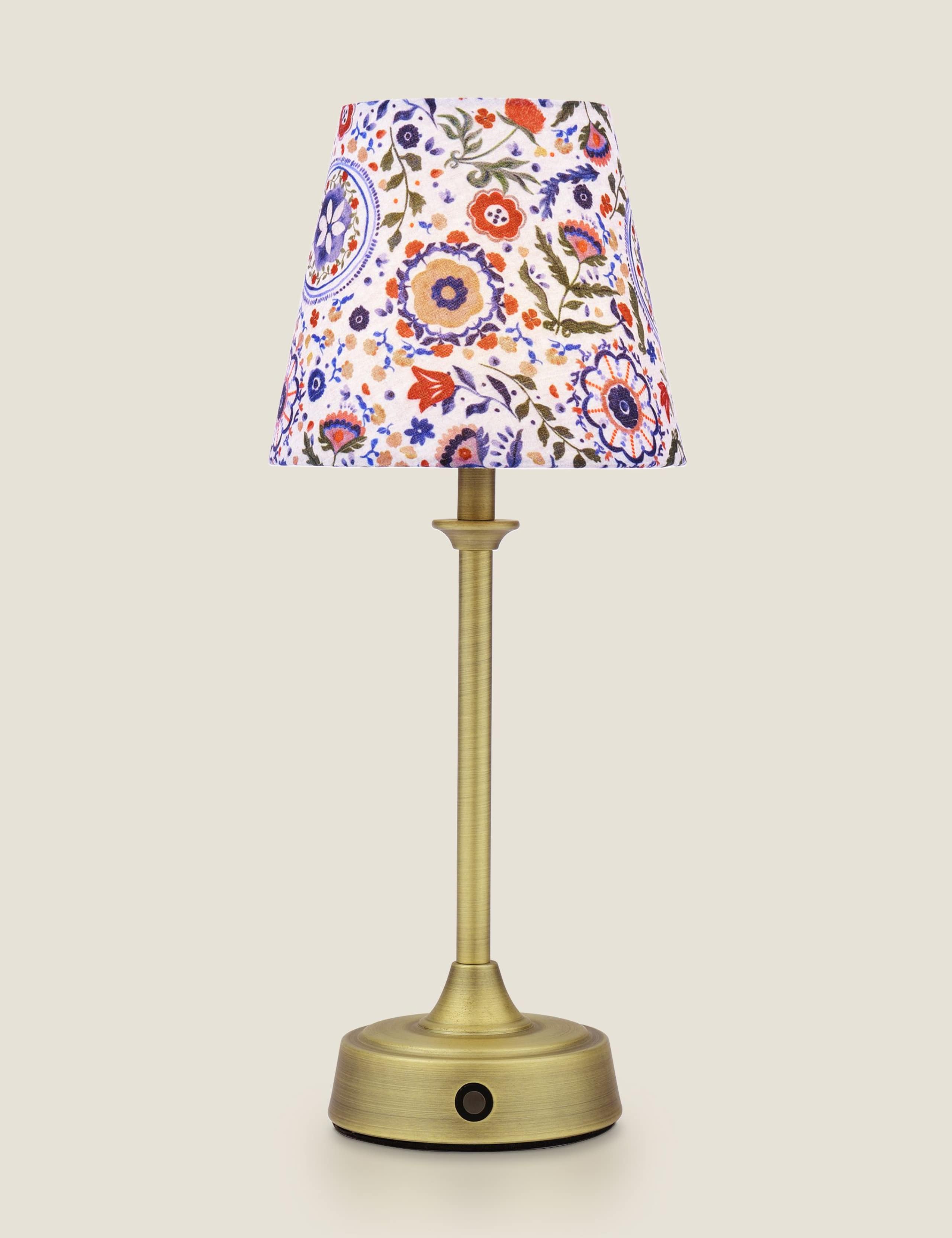 Joules rechargeable table lamp with hand-drawn floral shade, imported from the UK