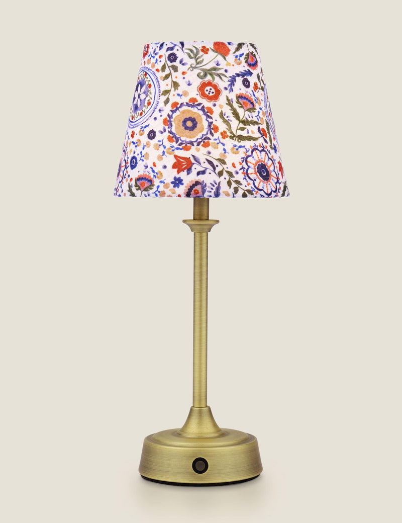 Joules rechargeable table lamp with hand-drawn floral shade, imported from the UK