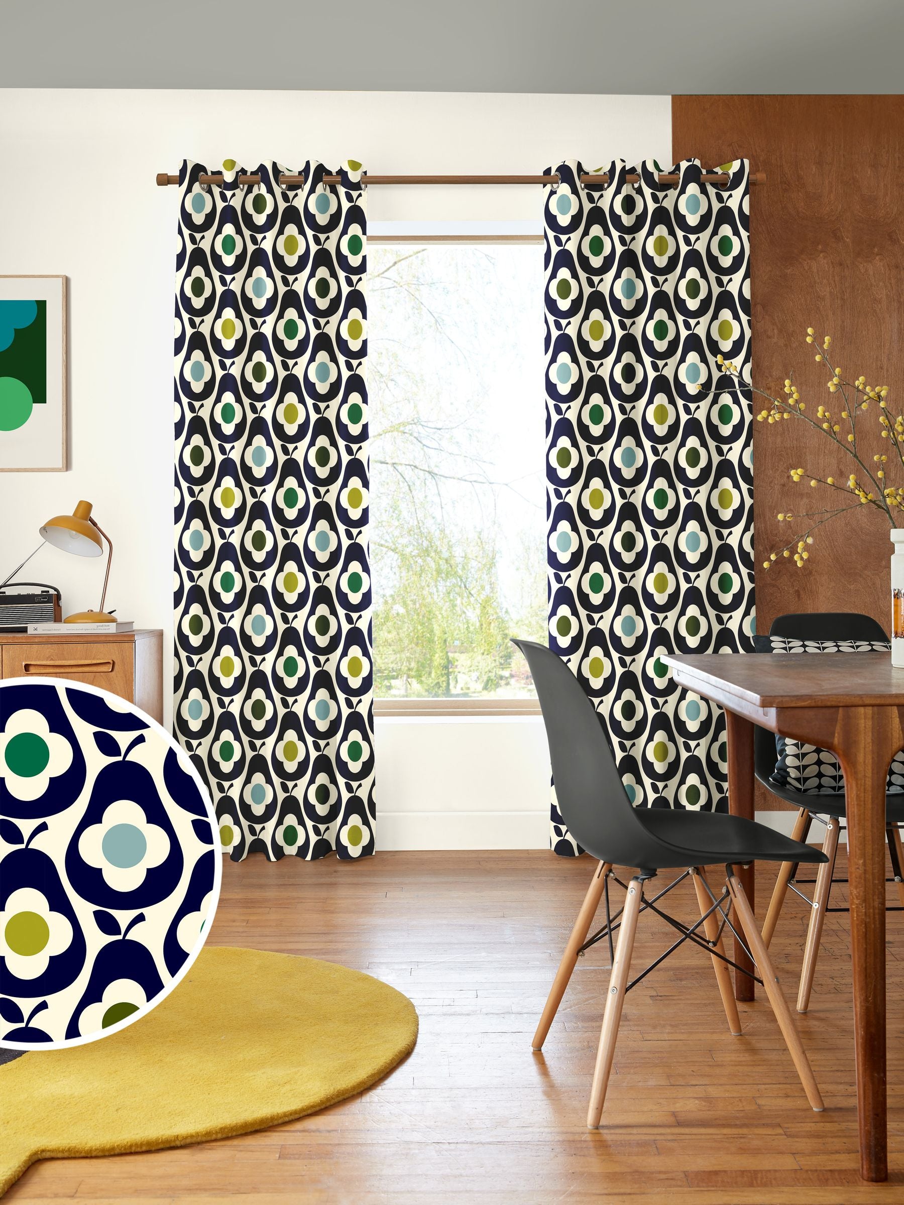 Orla Kiely curtains whale blue multi pear, imported from the UK