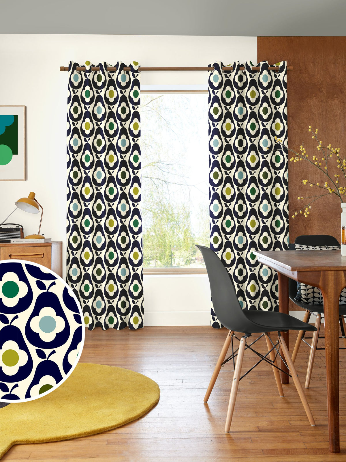 Orla Kiely curtains whale blue multi pear, imported from the UK