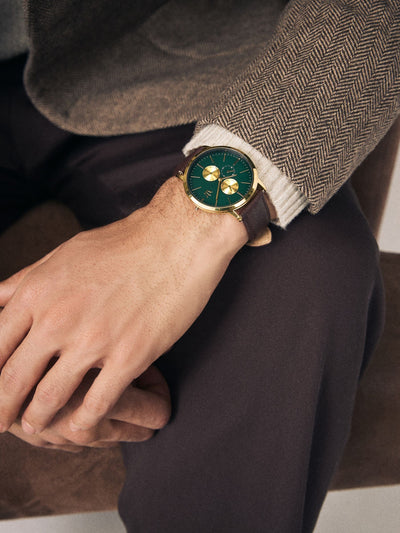 Braun-goldenes, vertikales Zifferblatt, analoge Uhr, Armband aus Kunstleder
