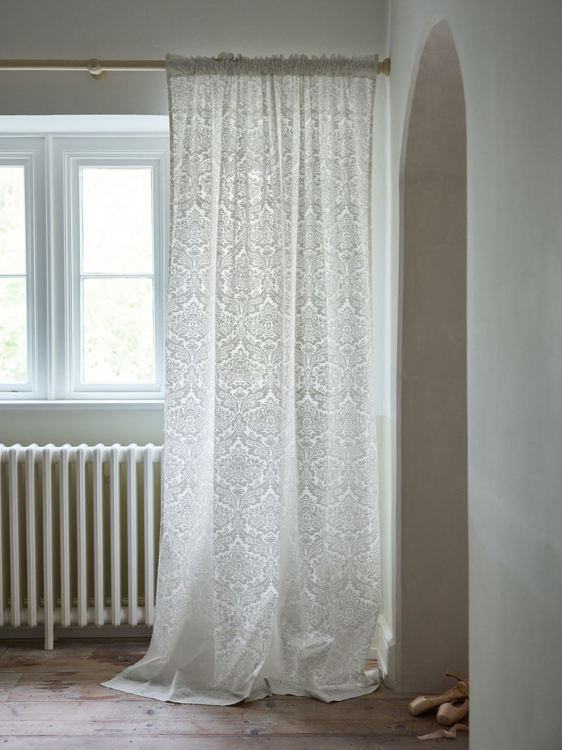 Shabby Chic white voile damask curtain slot top, UK version