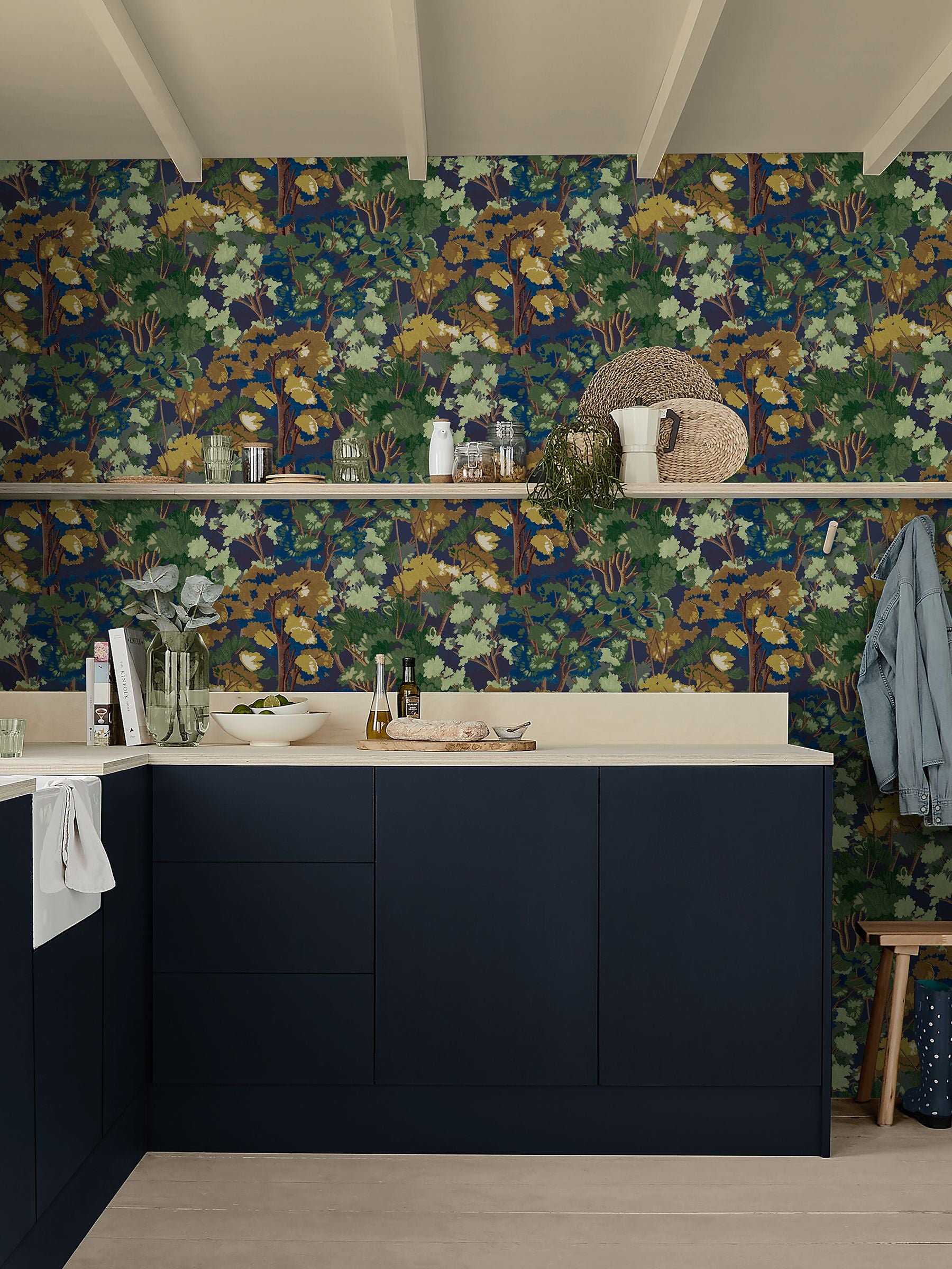 Graham & Brown Folklore Tree Midnight wallpaper, imported from the UK