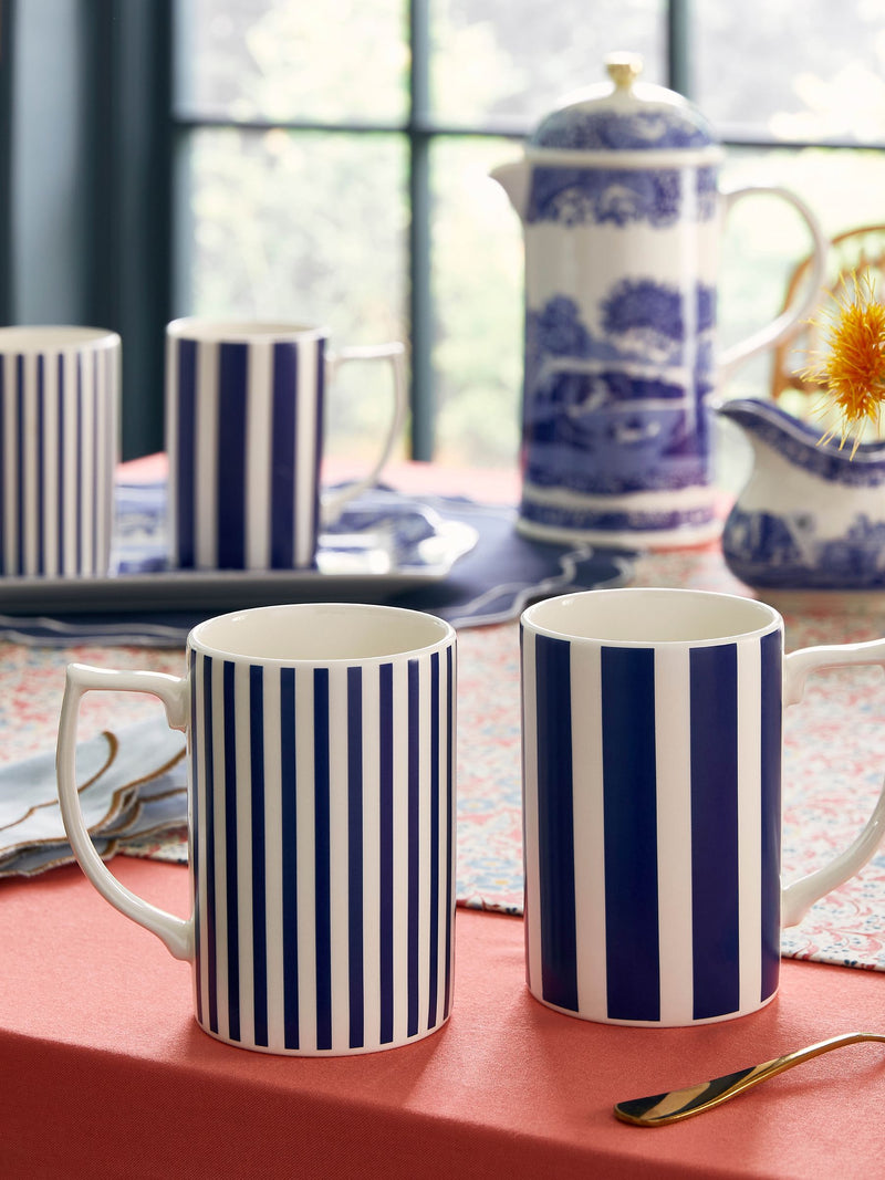 Spode blue Steccato bold stripe mugs set of 4 (British brand)