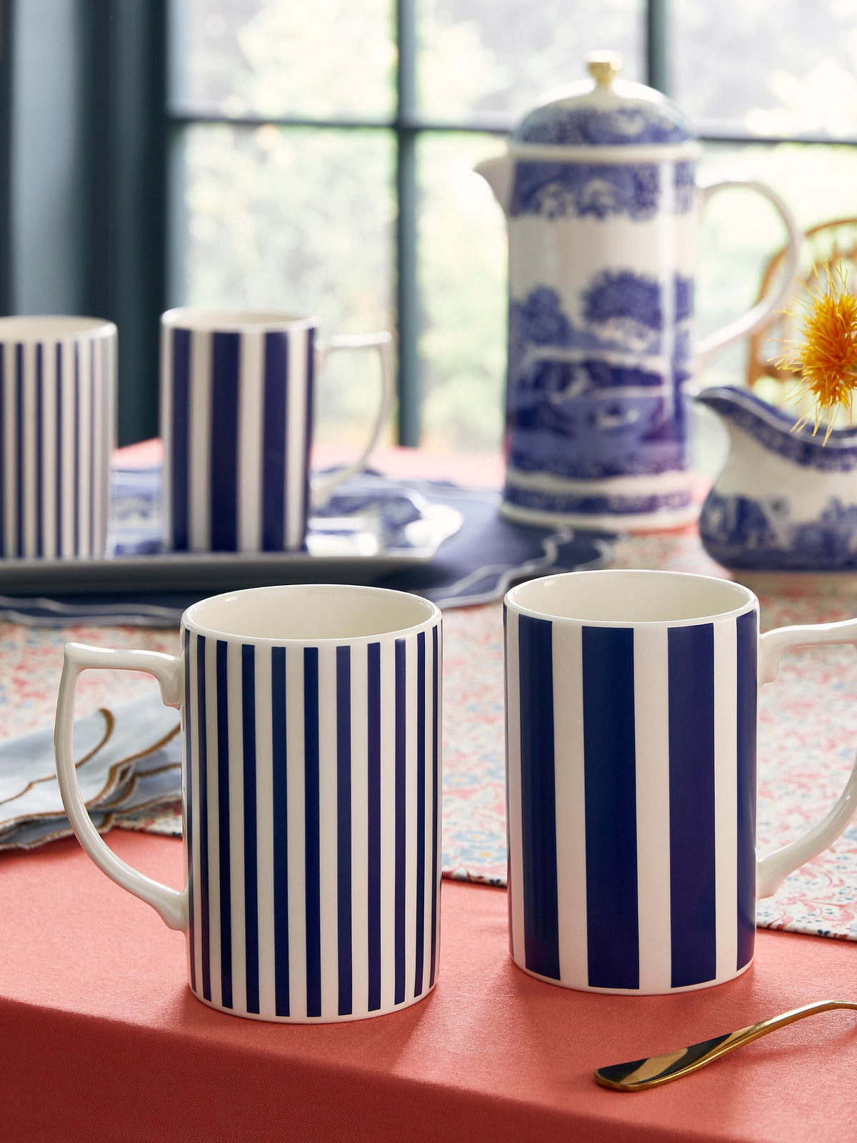 Spode blue Steccato bold stripe mugs set of 4 (British brand)
