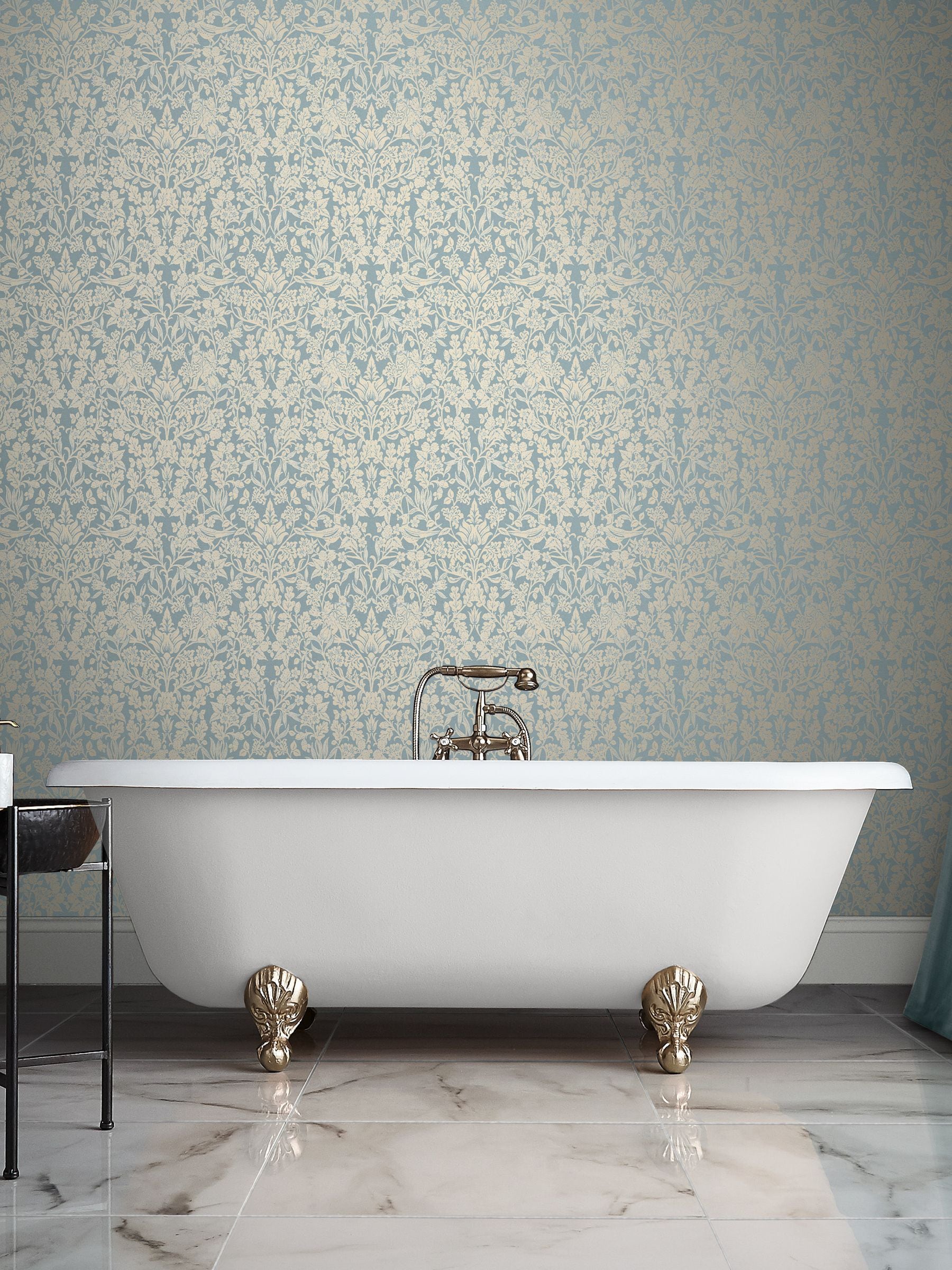 Graham & Brown Blue Hartley Damask wallpaper, imported from the UK