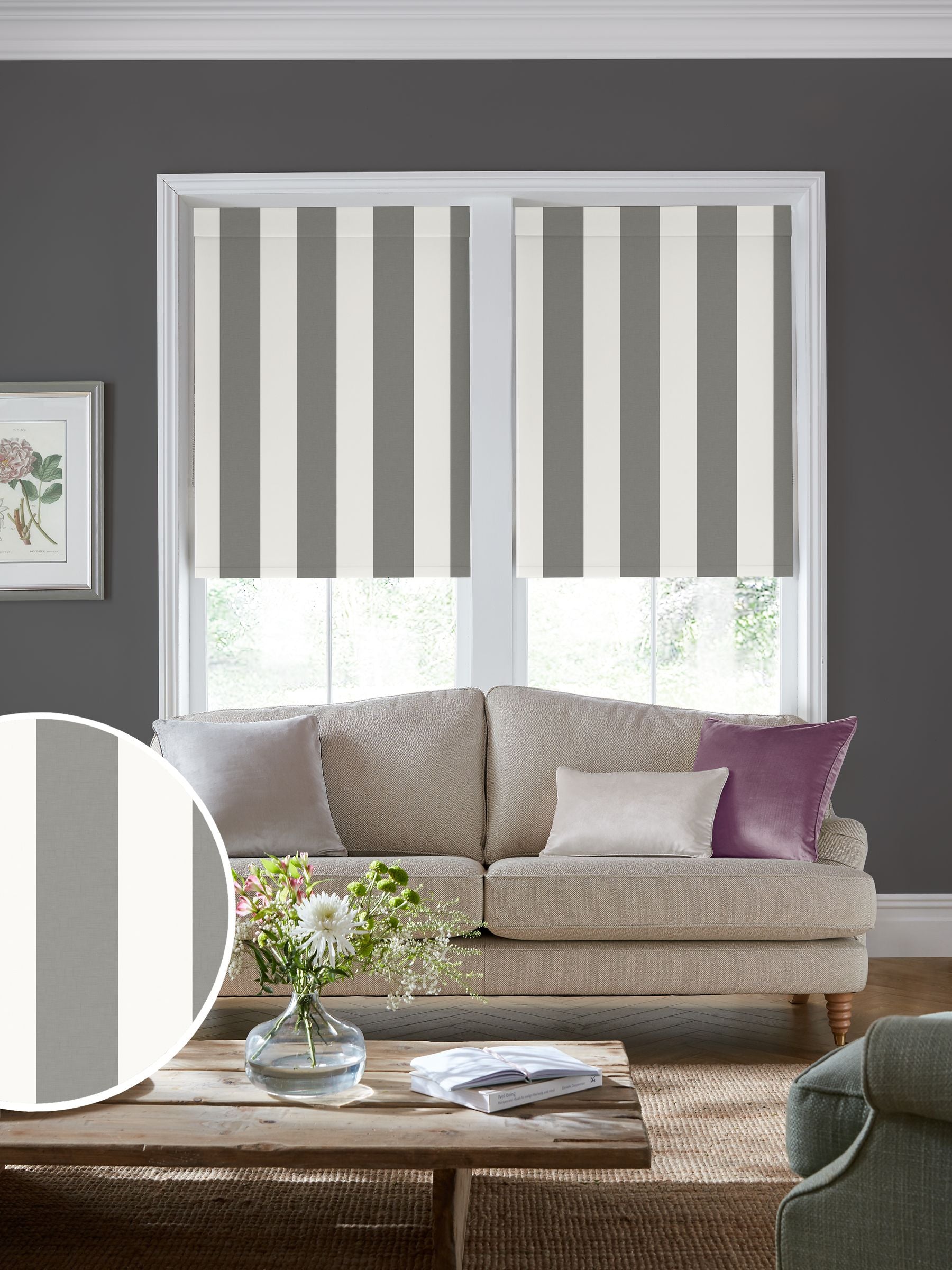 Laura Ashley steel grey Lille stripe roller blind, UK version