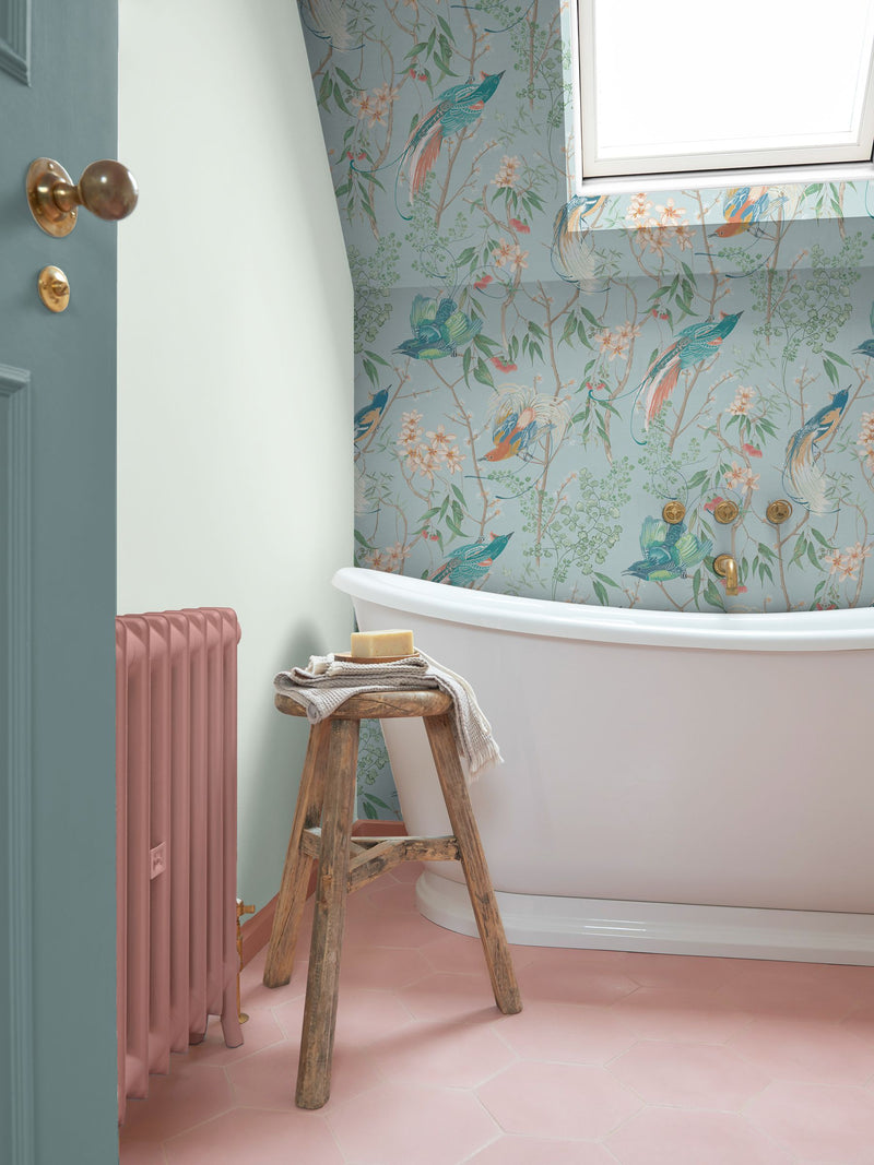 Graham & Brown Blue Clavering Birds wallpaper, imported from the UK