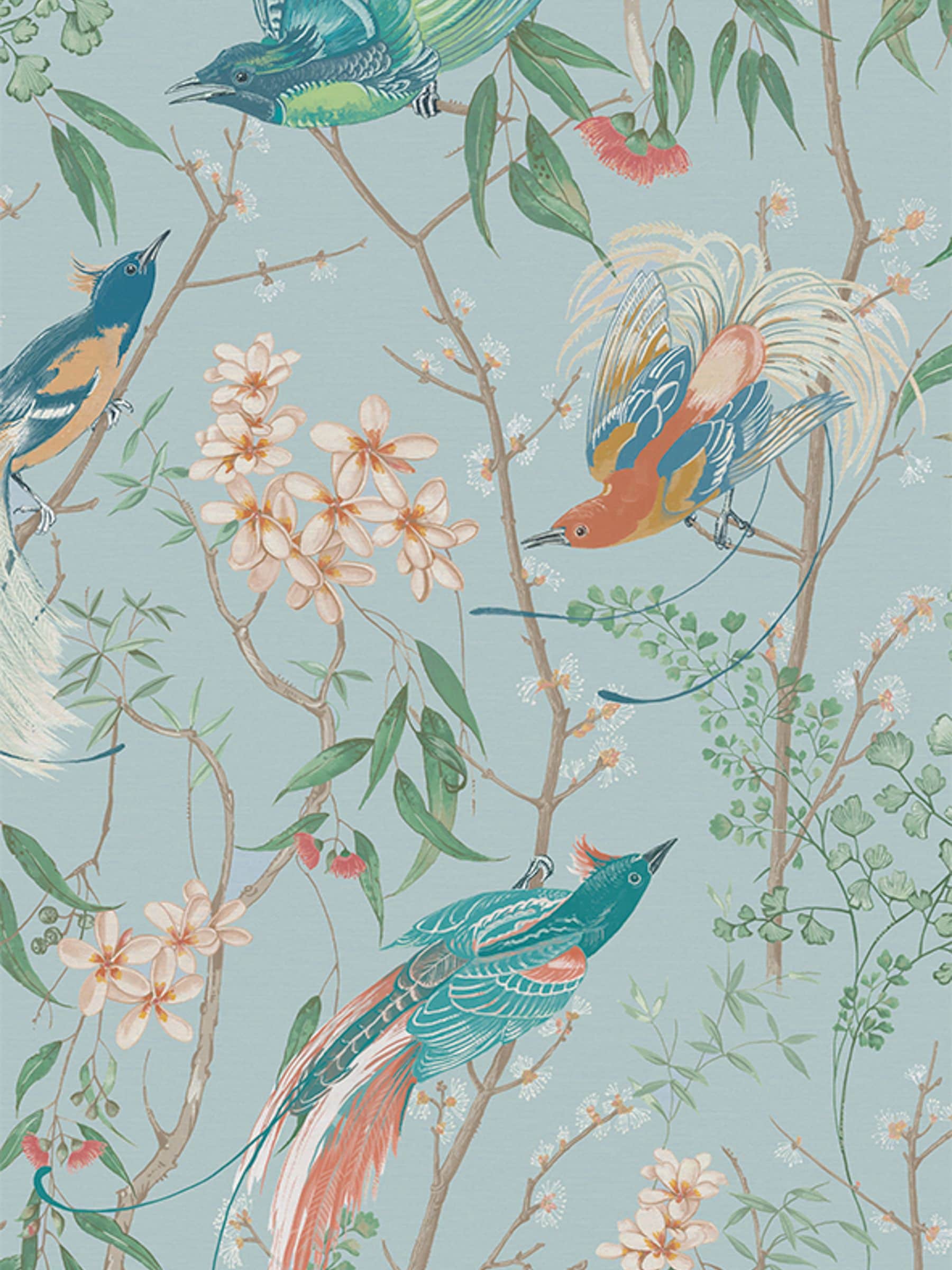 Graham & Brown Blue Clavering Birds wallpaper, imported from the UK