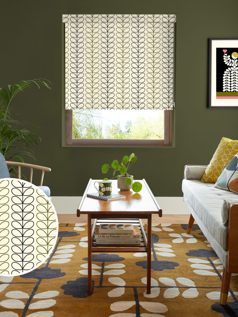 Orla Kiely black and olive green Linear Stem roller blinds, UK version
