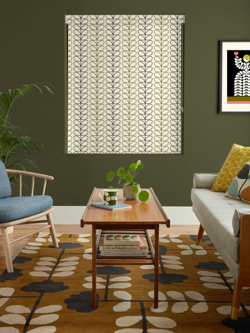 Orla Kiely black and olive green Linear Stem roller blinds, UK version