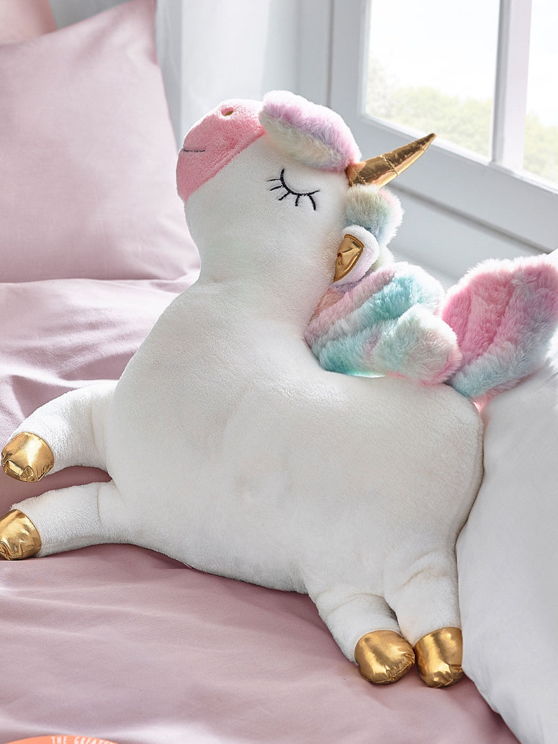 White unicorn cushion with colour-changing lights, imported from the UK