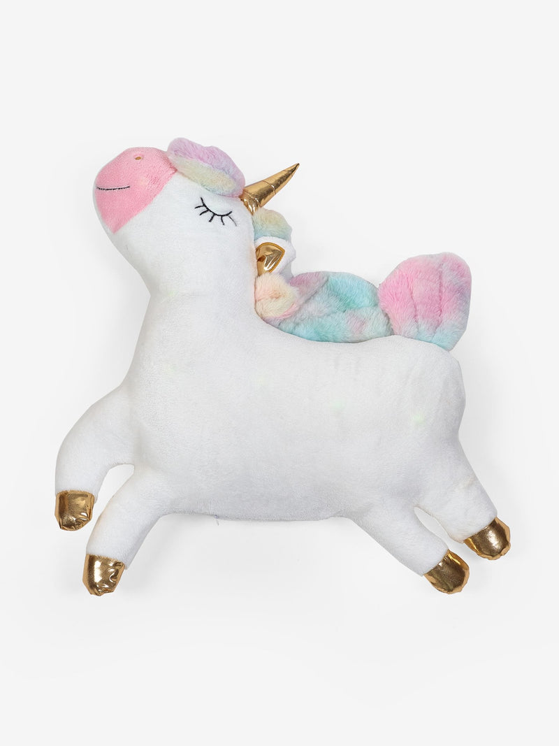 White unicorn cushion with colour-changing lights, imported from the UK