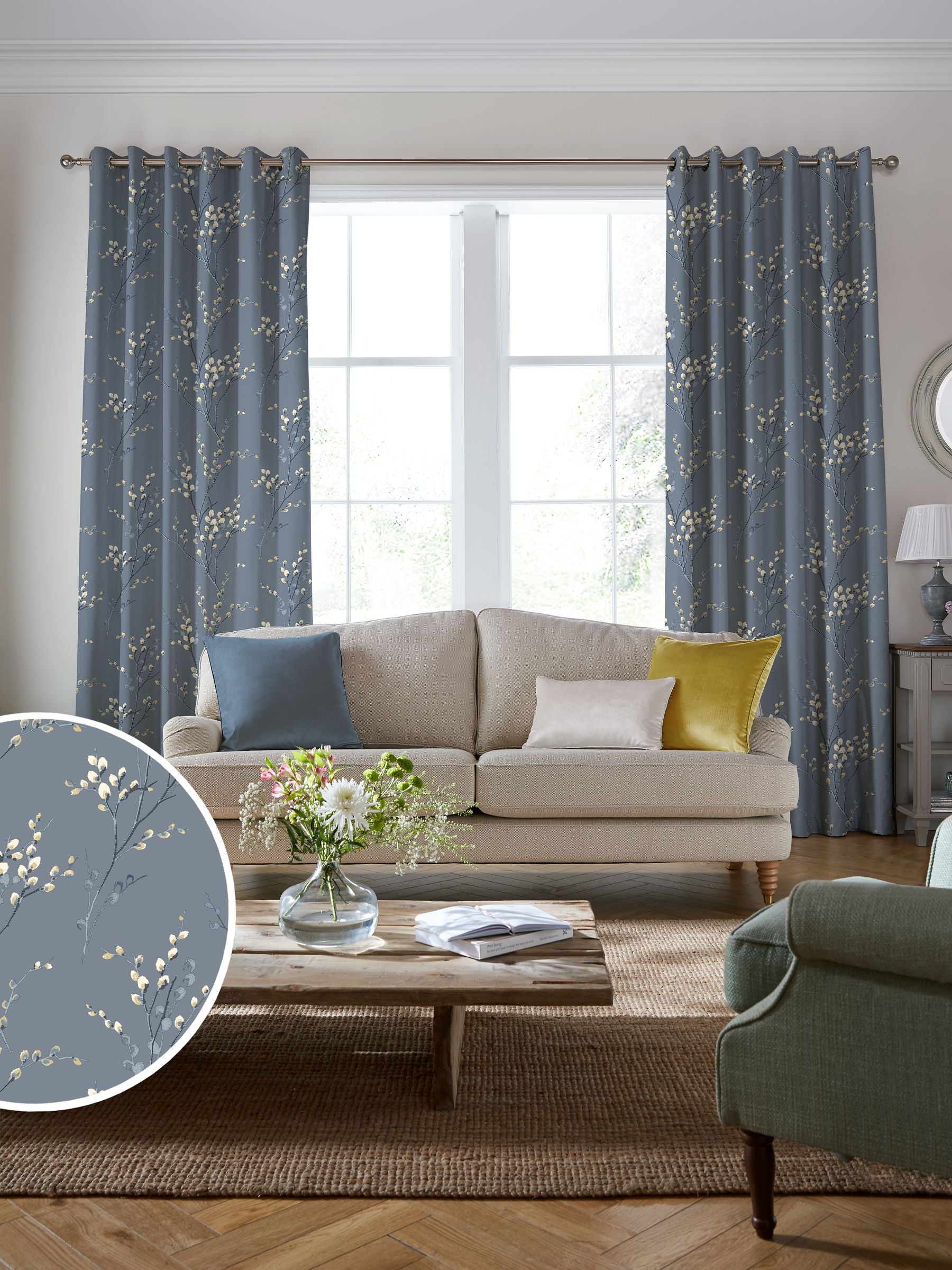 Laura Ashley Dark Seaspray Blue Pussy Willow curtains, UK version