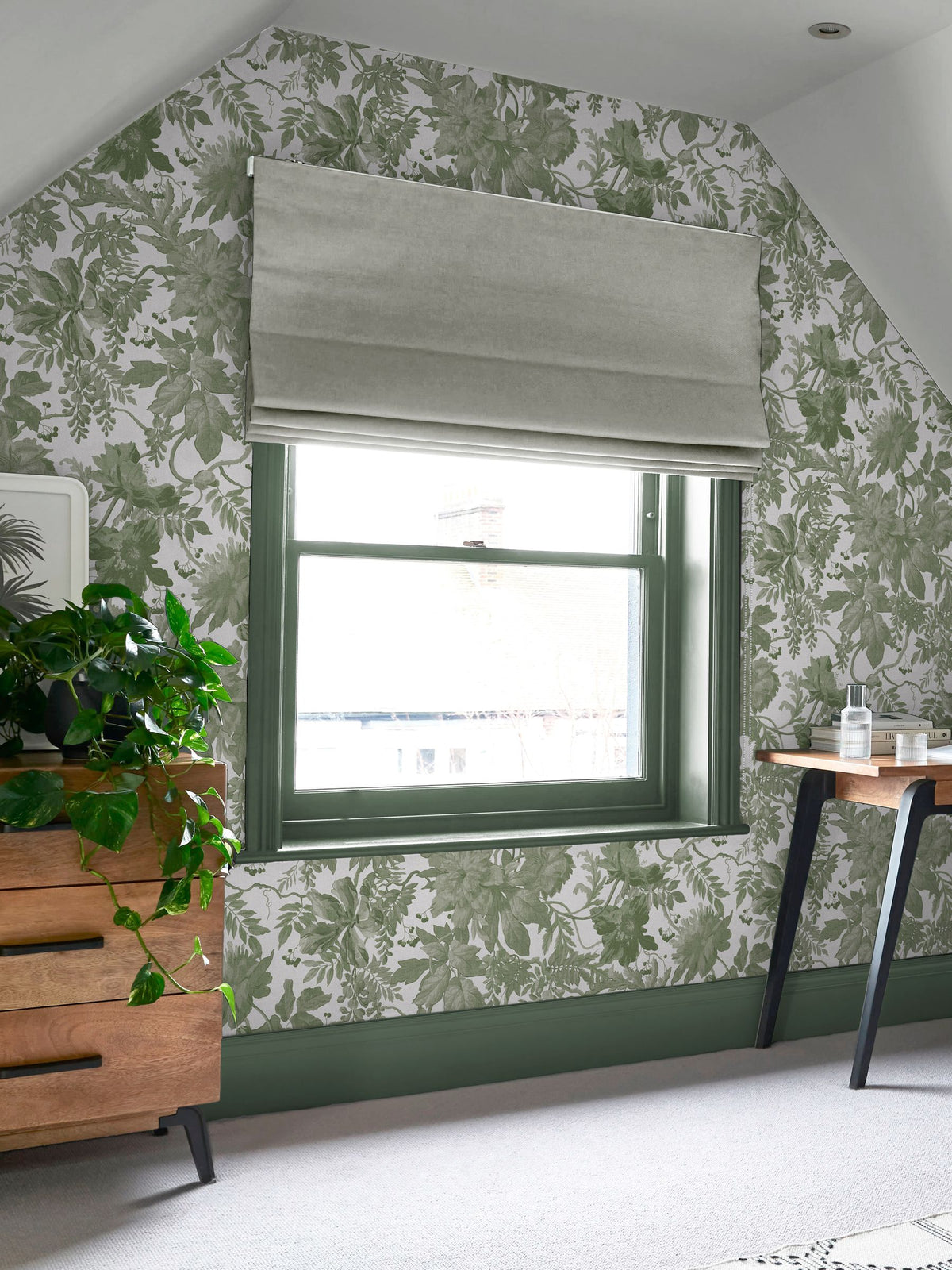 Graham & Brown Enzia sage green wallpaper sample, imported from the UK