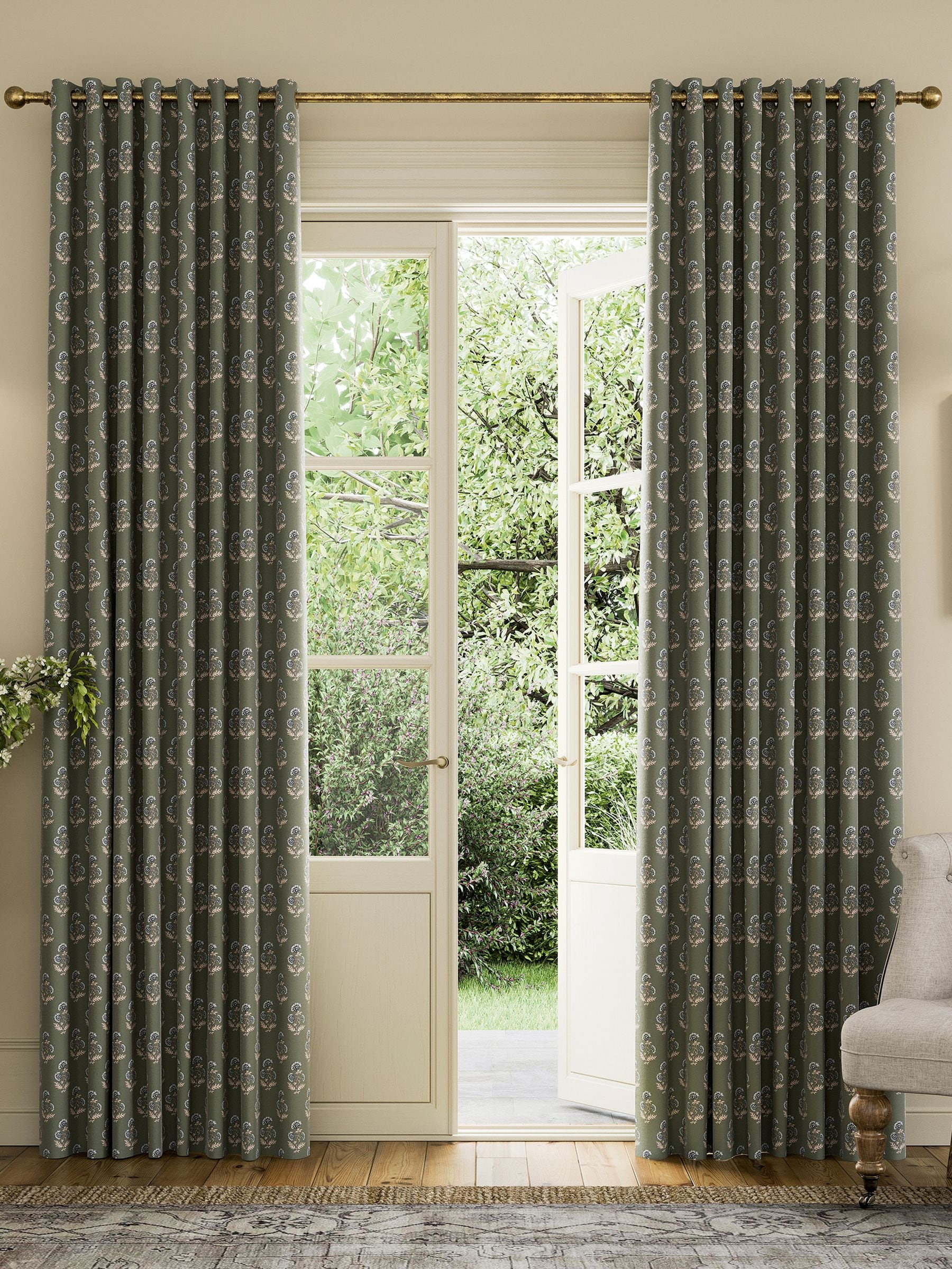 Joules Olive Chamomile blackout eyelet curtains 229x183cm (British brand)
