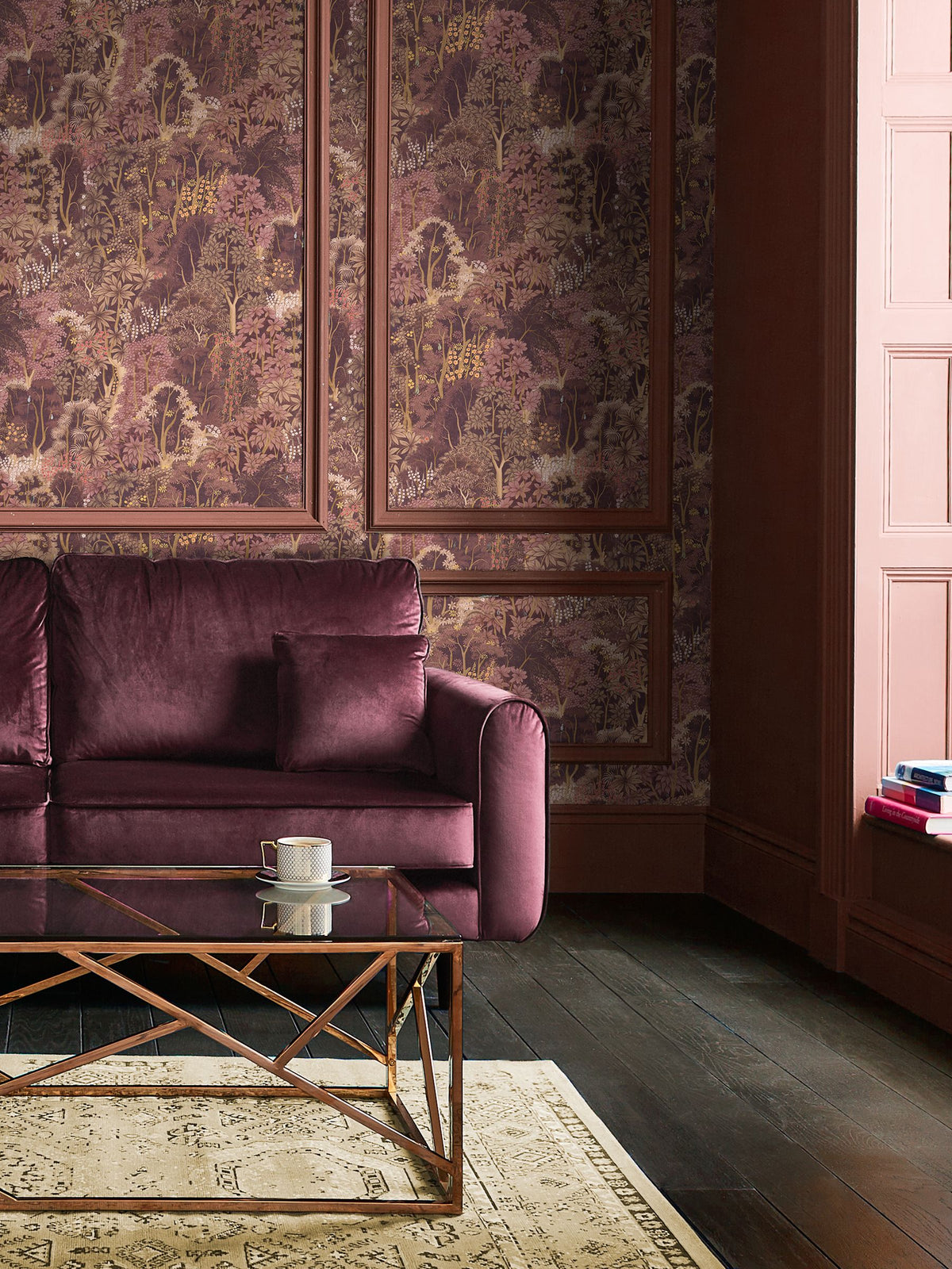 Graham & Brown Purple New Eden wallpaper sample, imported from the UK