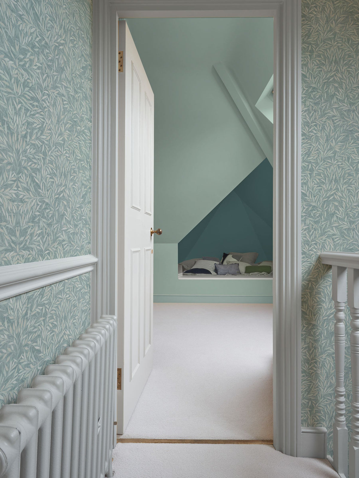 Graham & Brown Blue Salix Leaves Breathe wallpaper sample, UK version