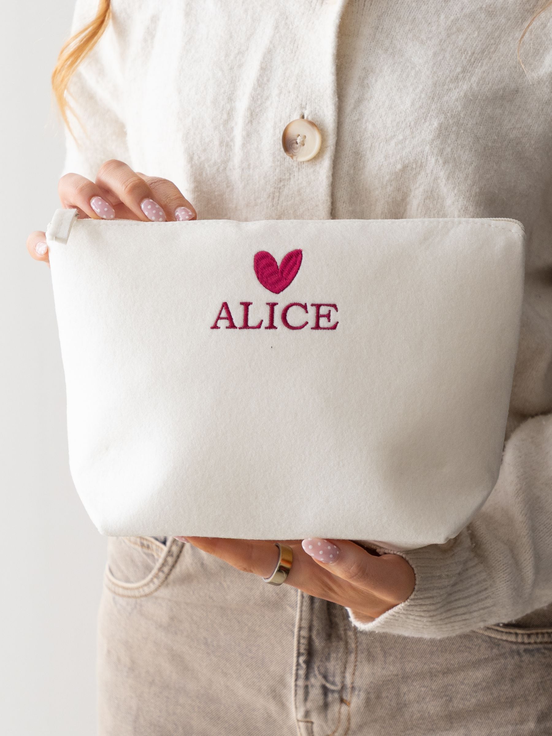 No Ordinary Gift personalised felt accessory pouch 18x19x9cm, imported from the UK