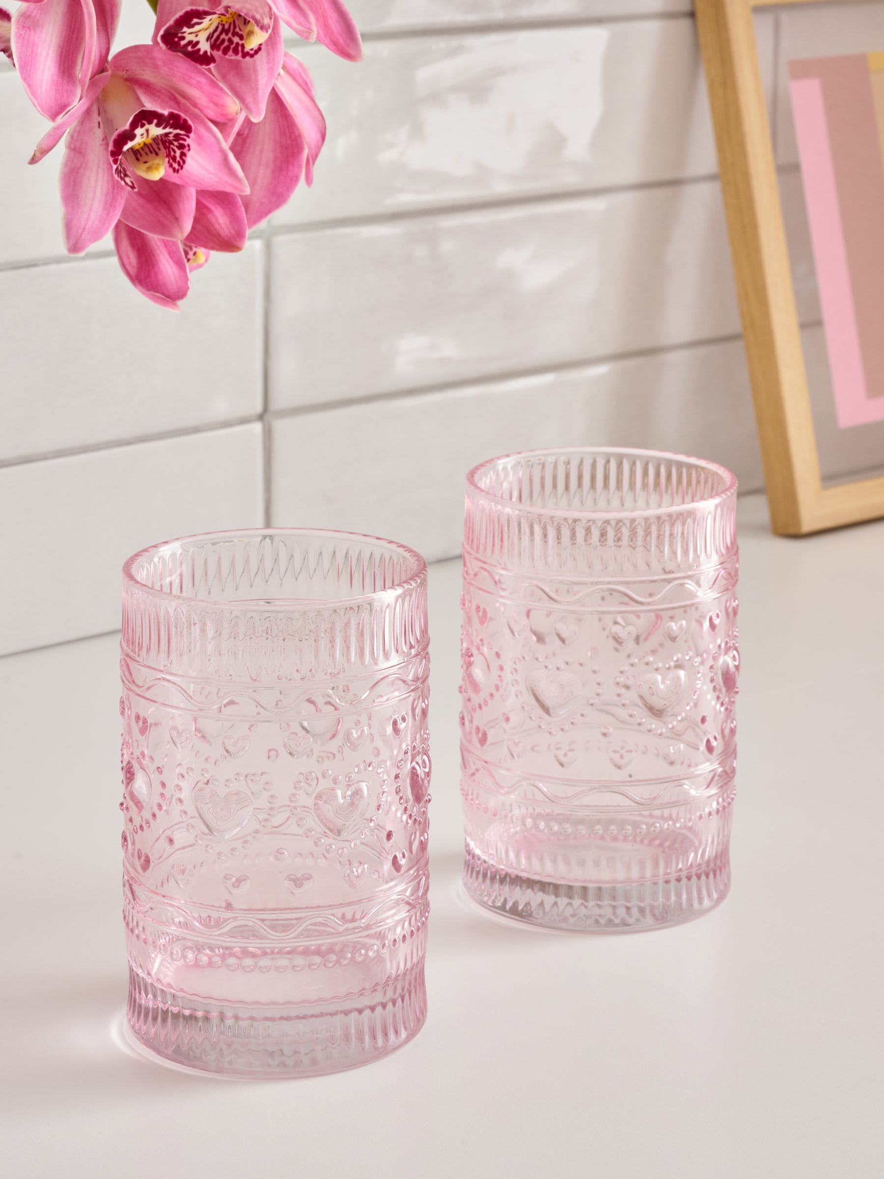 Pink Heart Pressed Tumbler Glasses Set of 2 (British brand)
