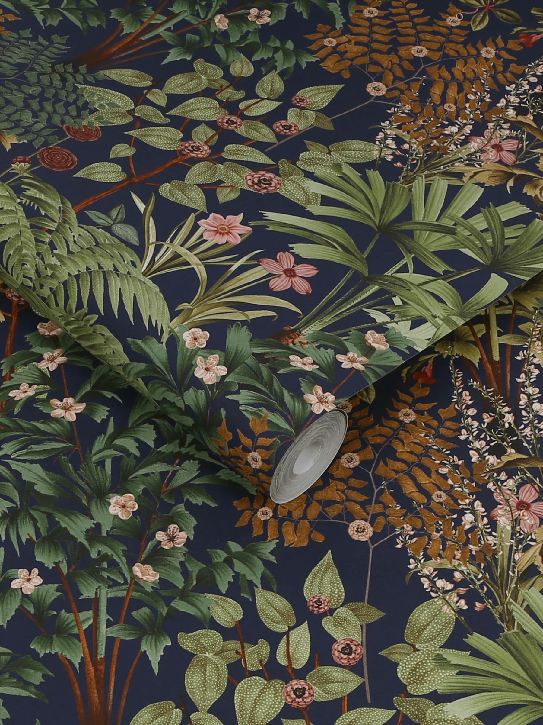 Graham & Brown Blue Jardin Botanico wallpaper sample, imported from the UK