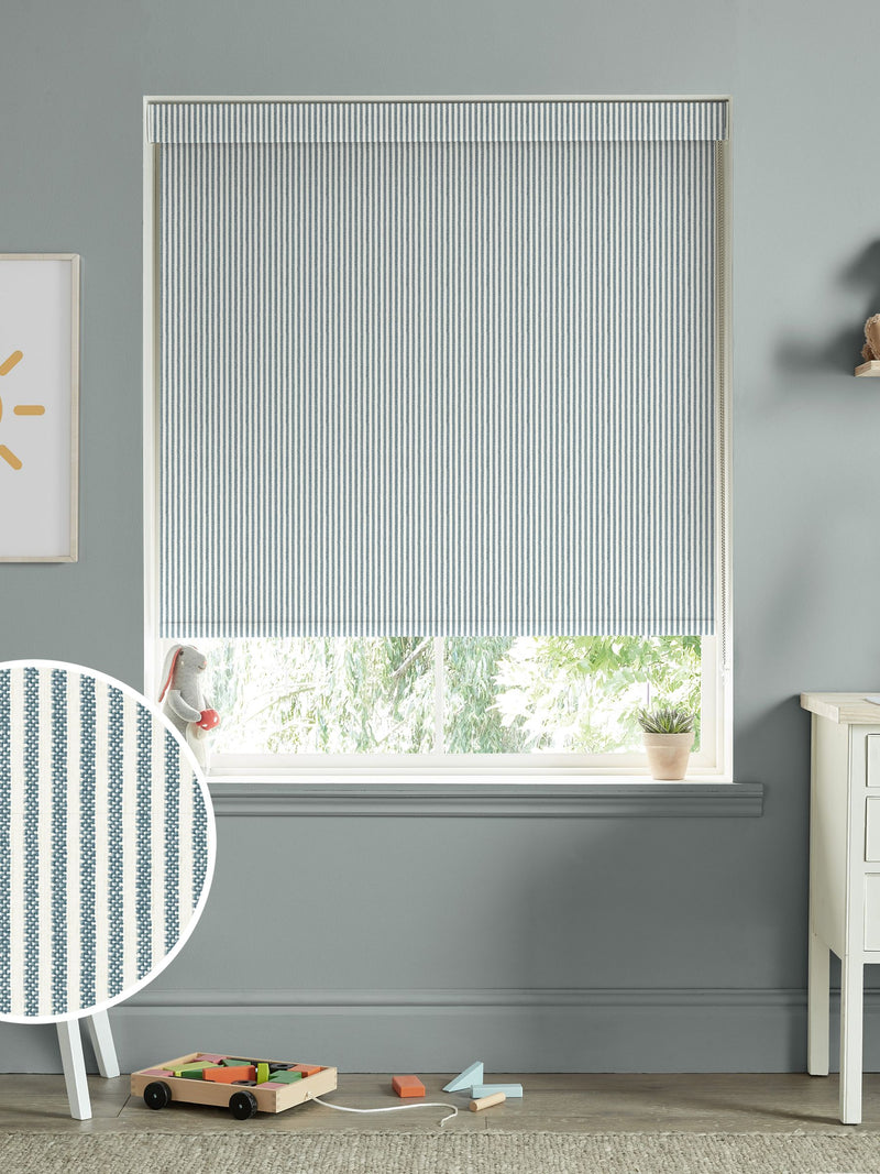 Sophie Allport blue Stamford Stripe roller blind (British brand)