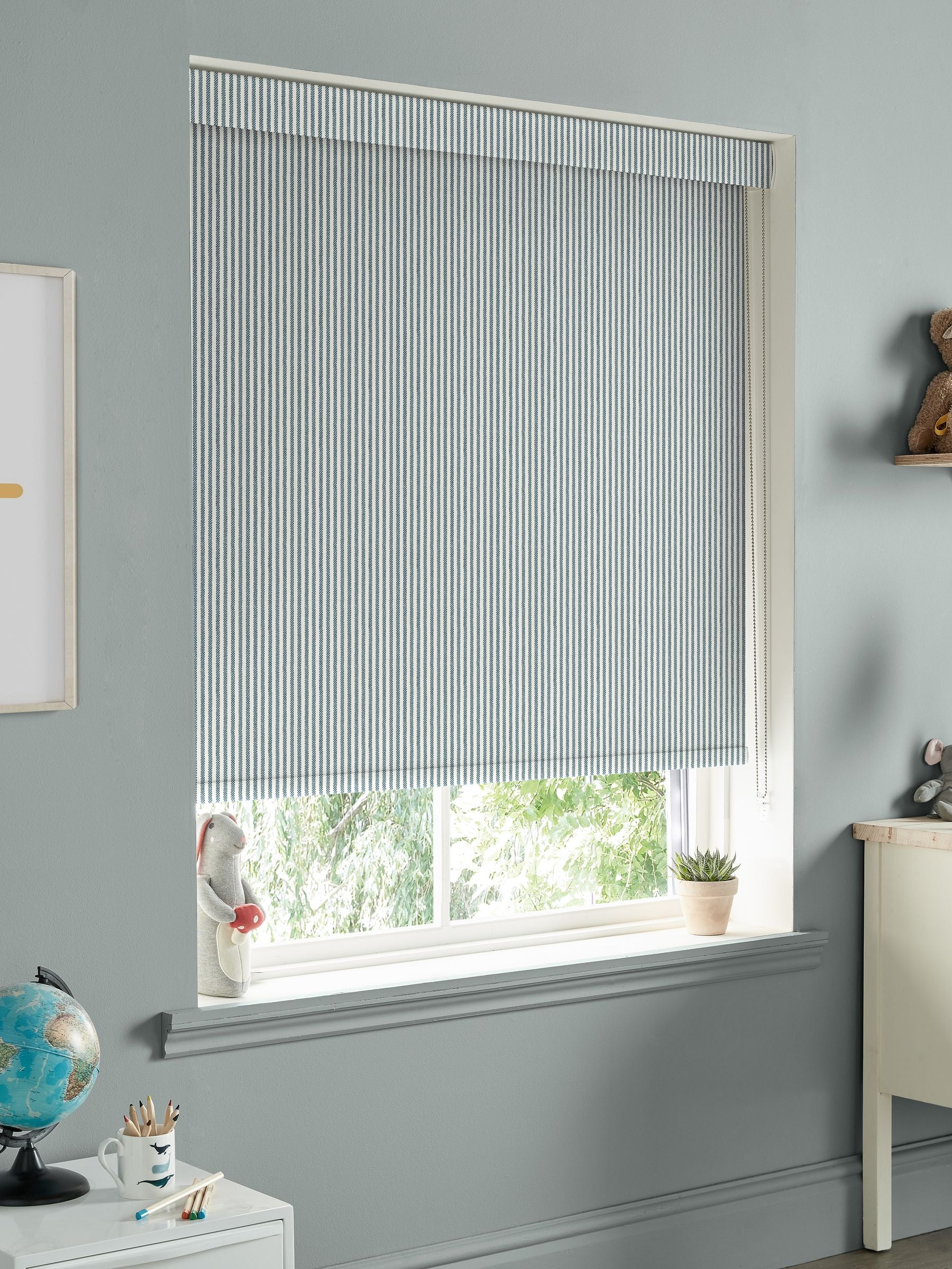 Sophie Allport blue Stamford Stripe roller blind (British brand)