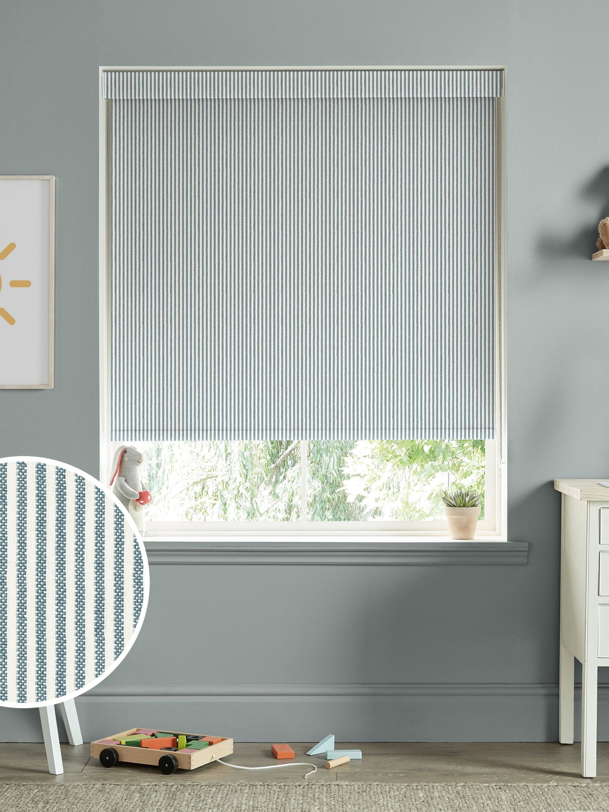 Sophie Allport blue Stamford Stripe roller blind (British brand)