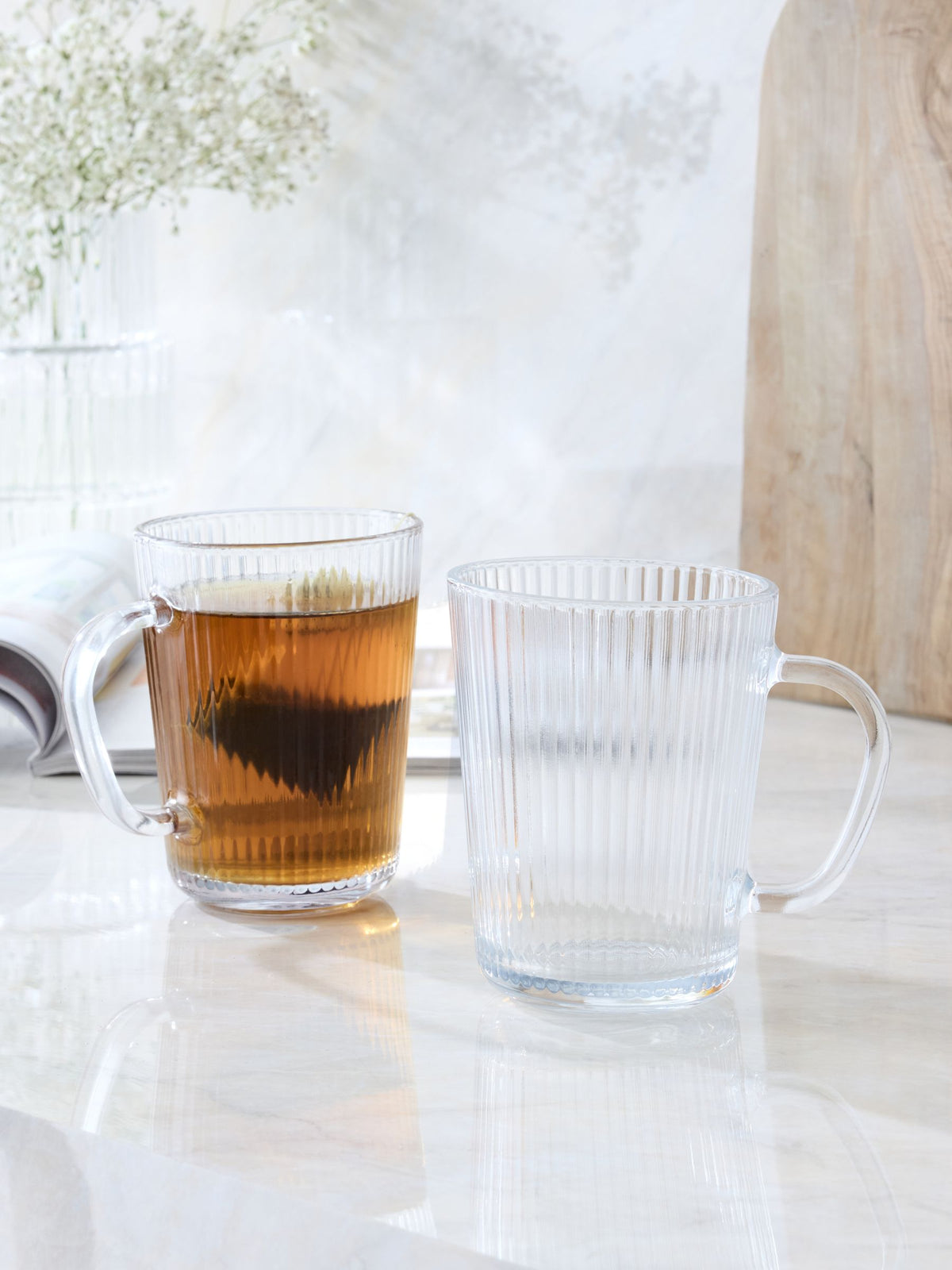 Clear glass mugs set of 2 with ribbed texture (British brand)