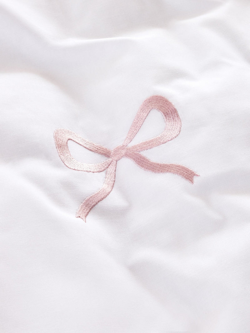 White and pink bow embroidered duvet cover and pillowcase set, imported from the UK