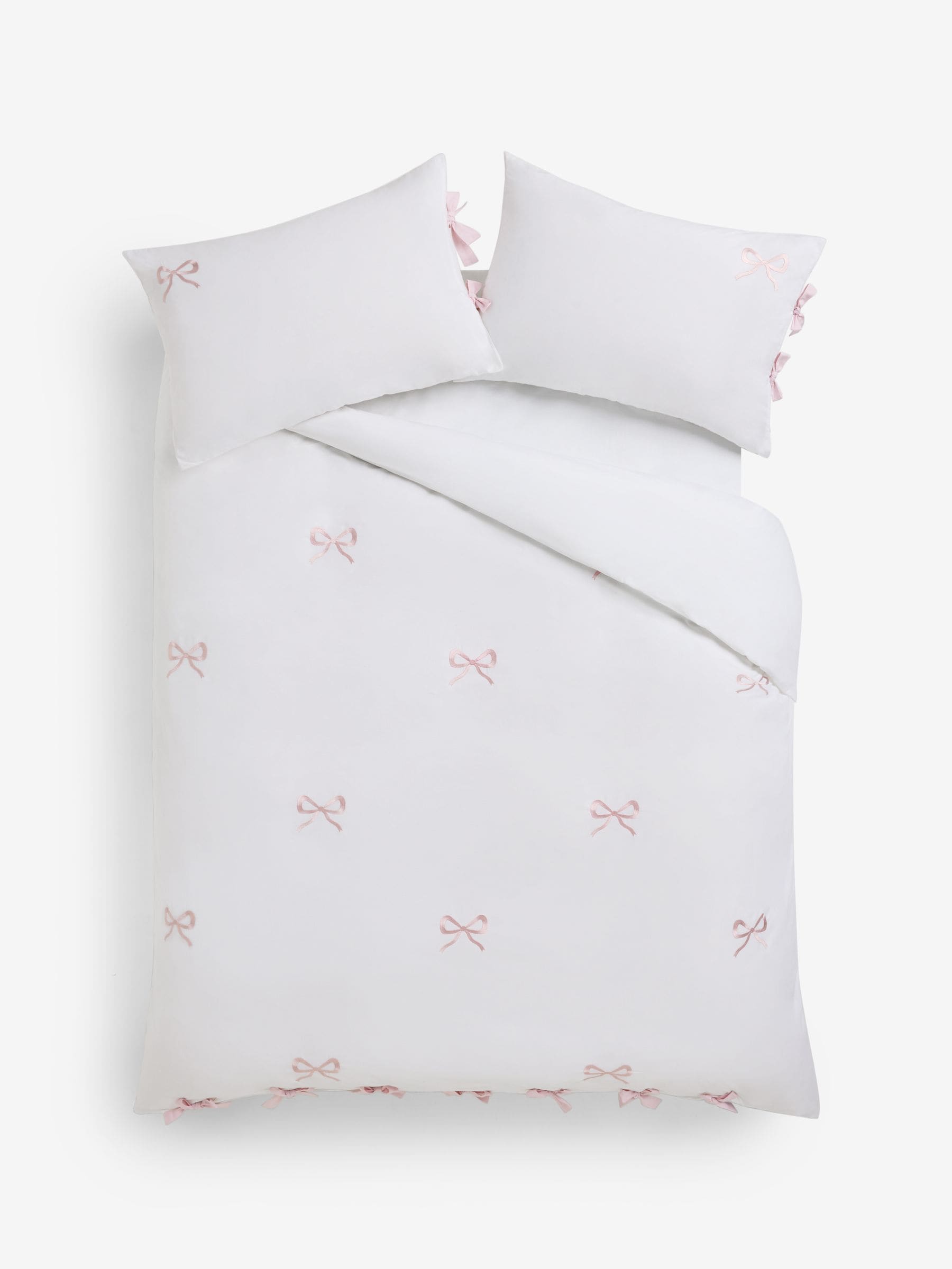 White and pink bow embroidered duvet cover and pillowcase set, imported from the UK