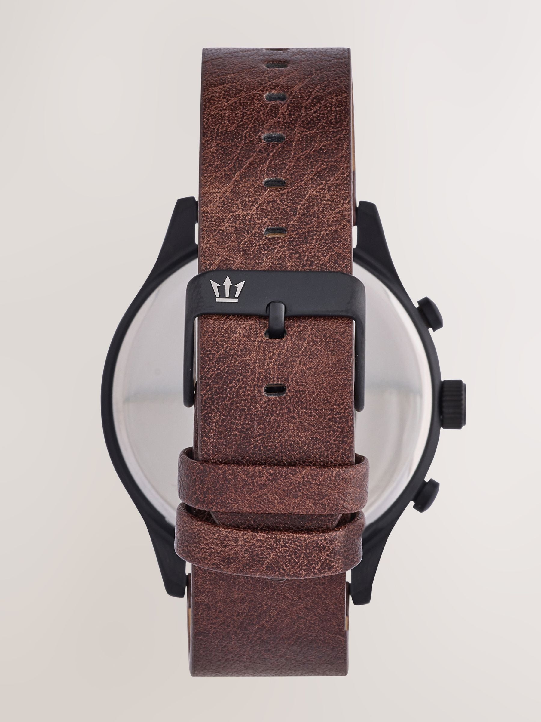 Chunky watch with brown faux leather strap - British product