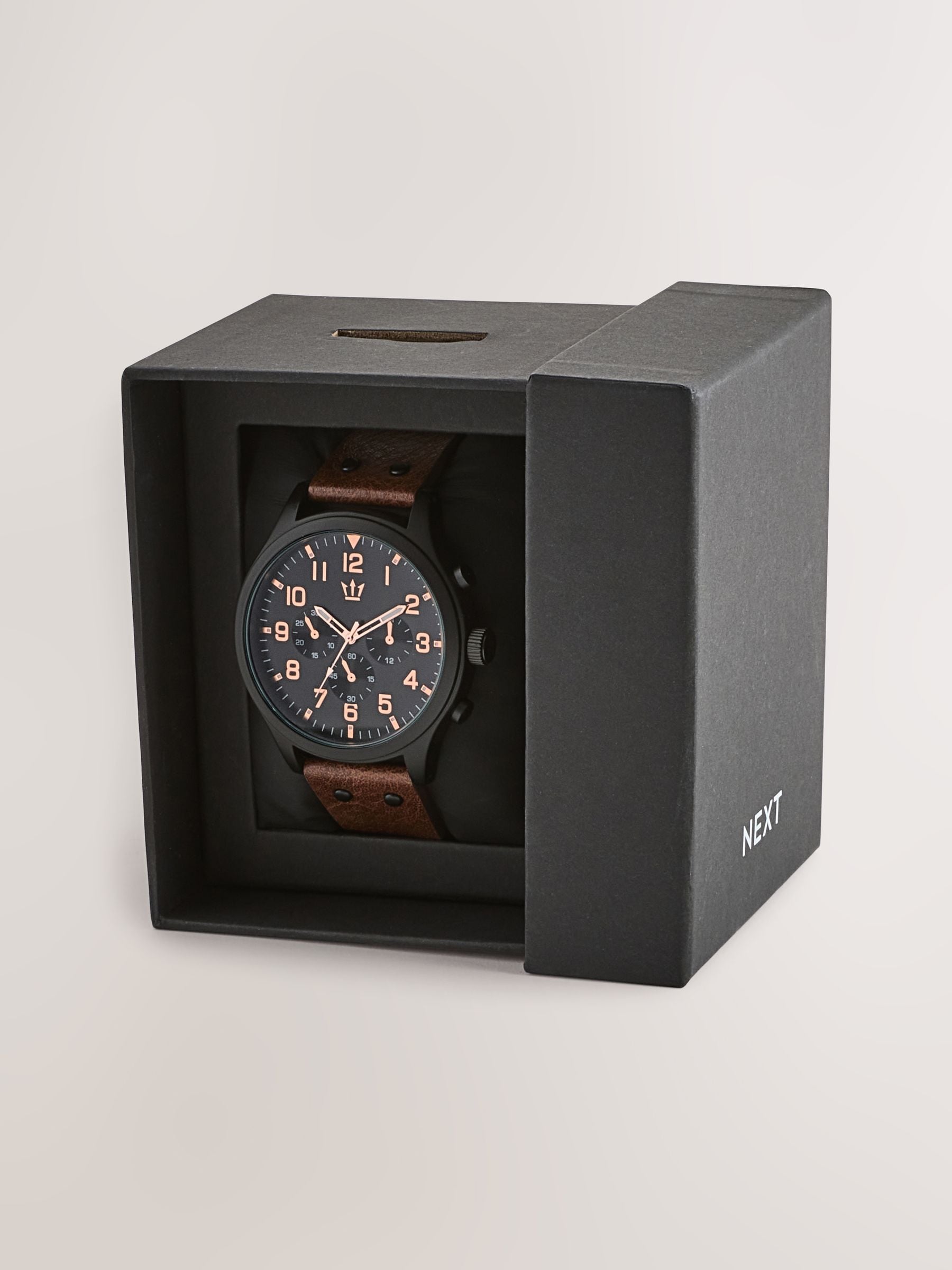 Chunky watch with brown faux leather strap - British product