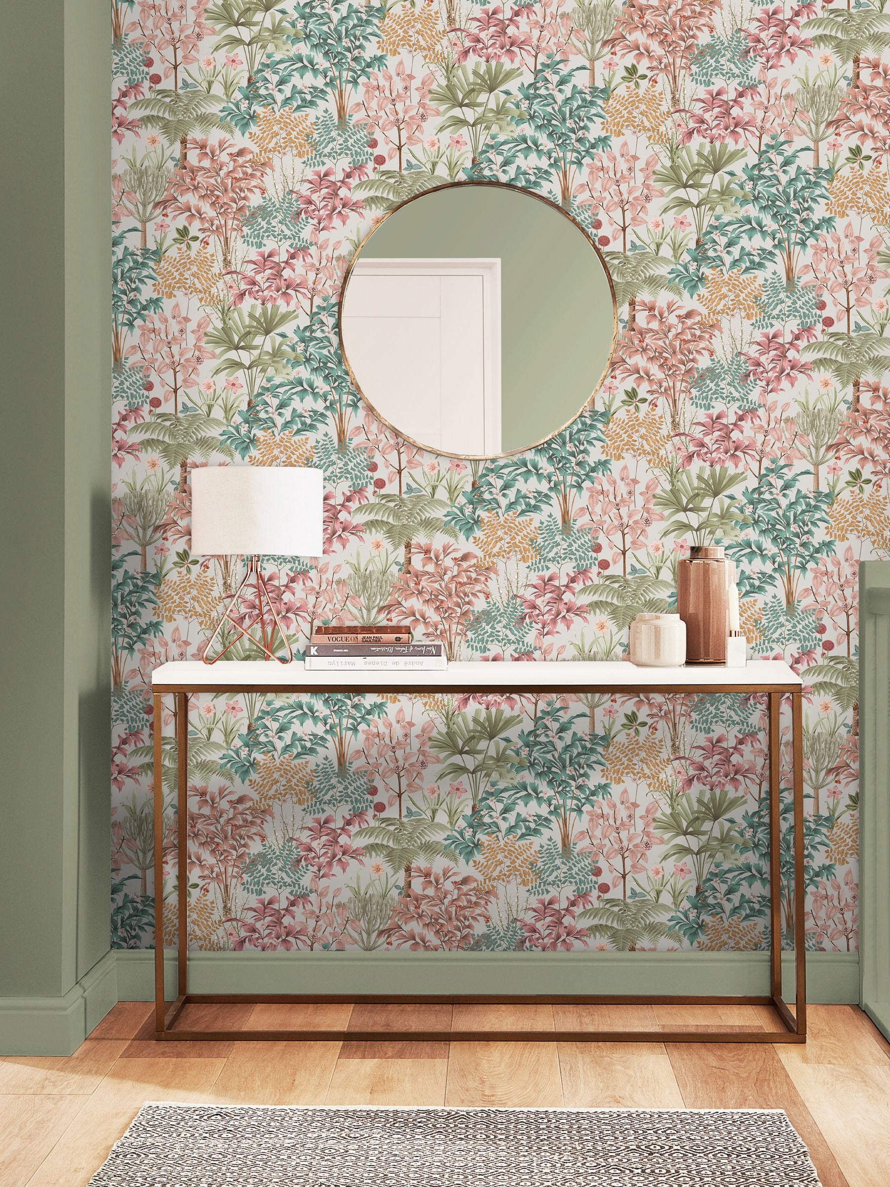 Graham & Brown Jardin Botanico wallpaper sample in pink (British brand)
