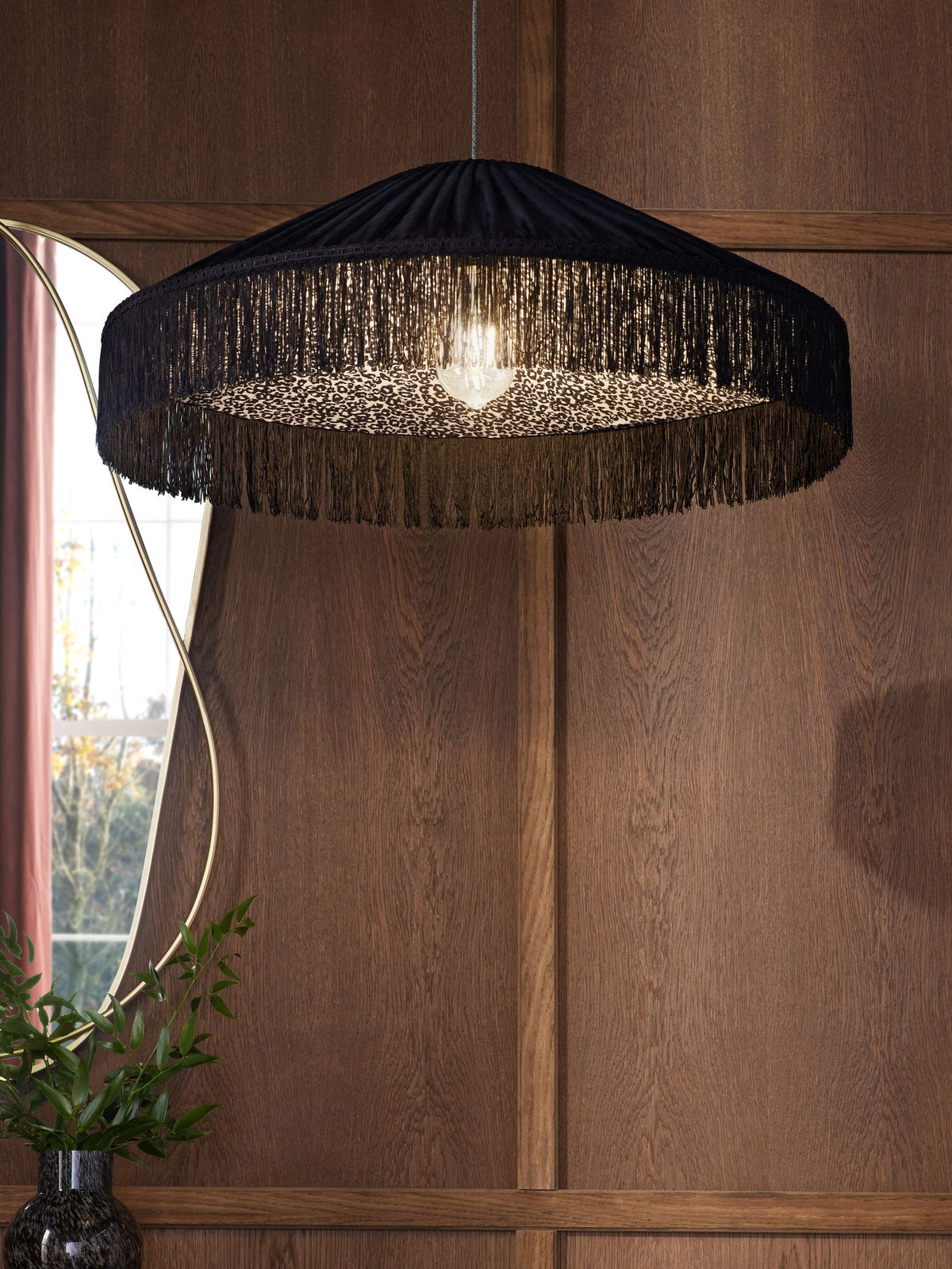 Black/Leopard Print Allegra Velvet Fringed Easy Fit Ceiling Light Shade