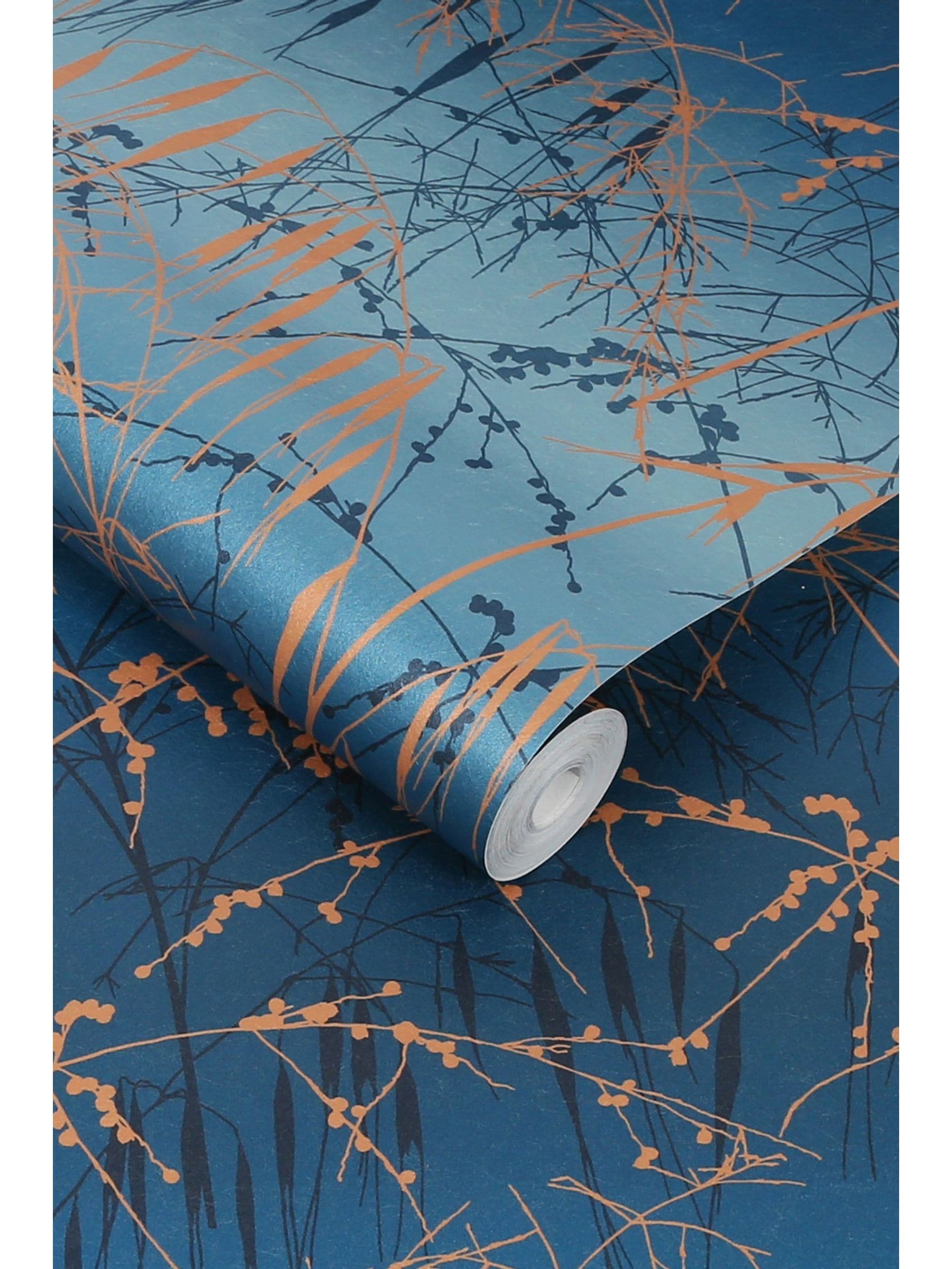 Clarissa Hulse Blue Meadow Grass French Copper wallpaper, imported from the UK