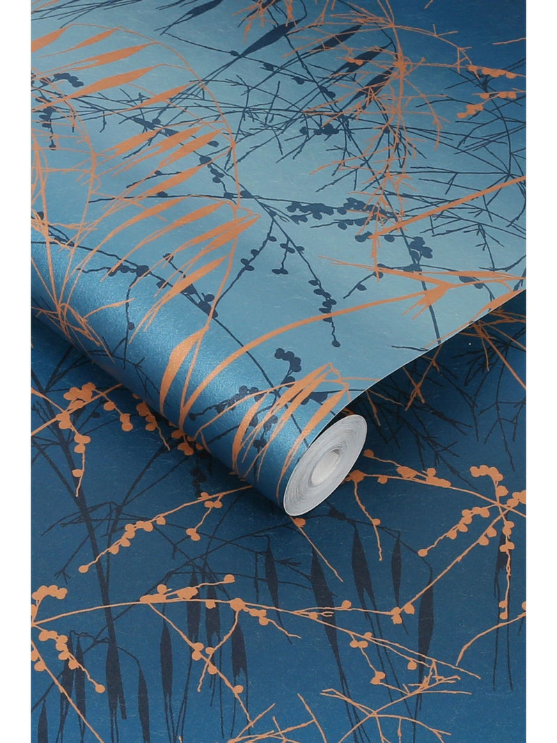 Clarissa Hulse Blue Meadow Grass French Copper wallpaper, imported from the UK