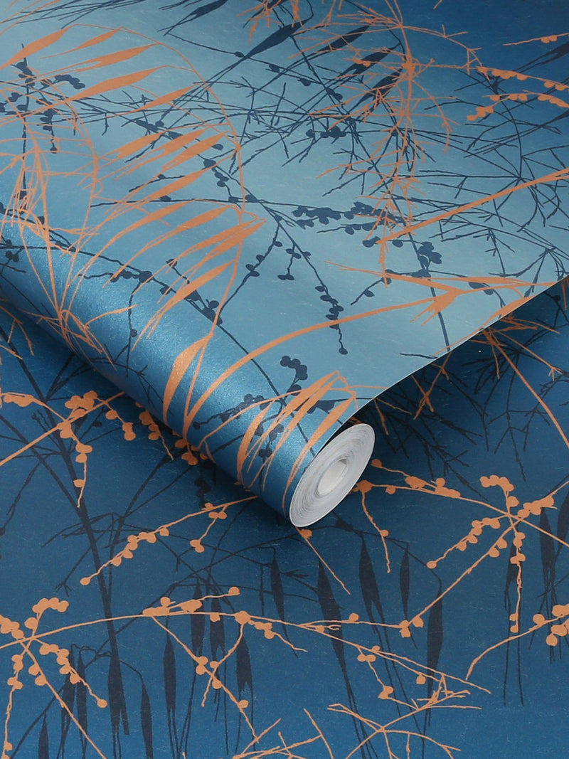 Clarissa Hulse Blue Meadow Grass French Copper wallpaper, imported from the UK