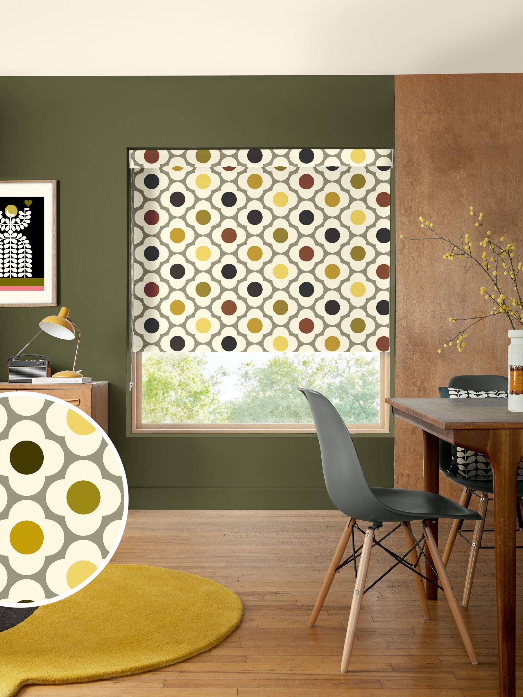 Orla Kiely yellow multi spot flower roller blind - British product