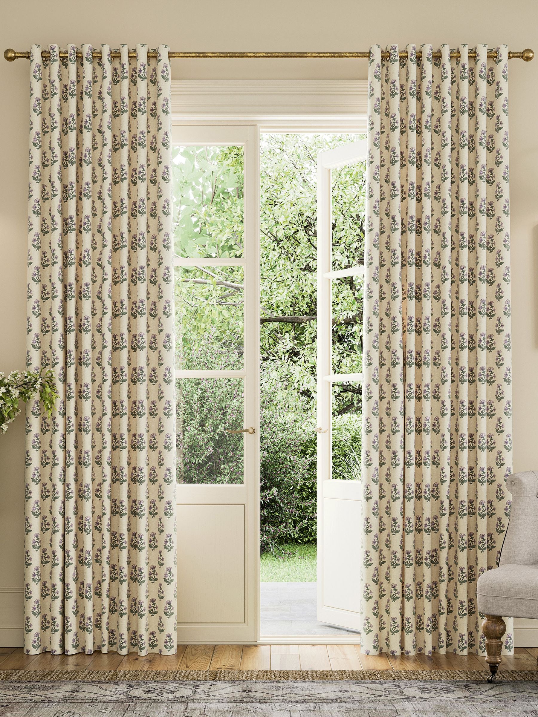 Joules Oat/Lilac Chamomile Blackout Eyelet Curtains