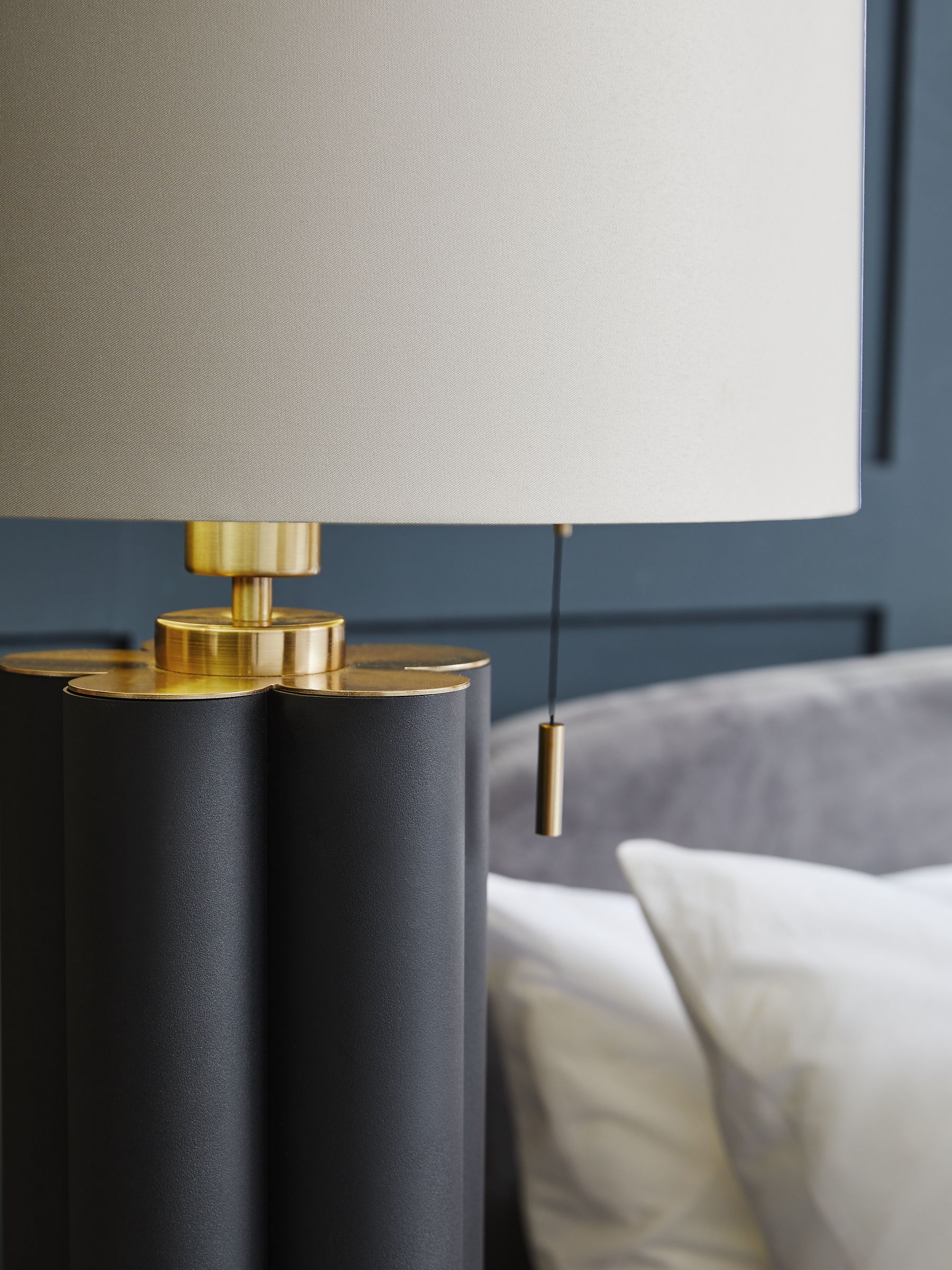 Camford grey table lamp with fabric shade and brass accents, UK version